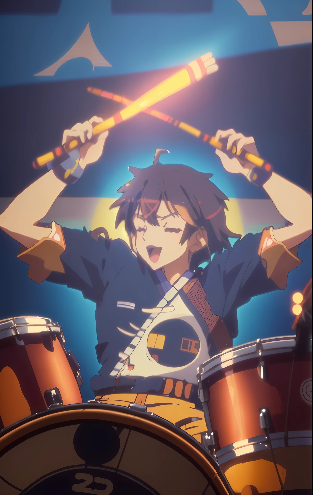 (a close up:1.2) of (a person playing a drum, making airwaves:1.2) on (a stage:1.1), (2d Anime style:1.8), happy face, open eyes, full RGB