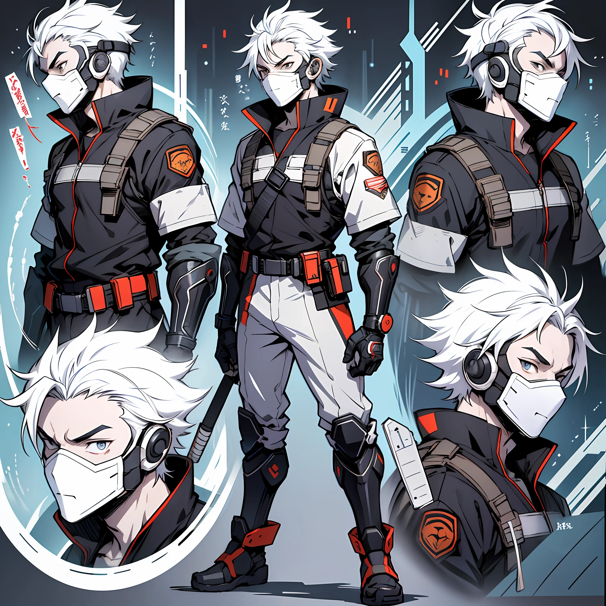 Japanese manga style with a mix of futuristic a boy with a mask he has an intergalactic soldier outfit, full body, character sheet, white and black colors, details, put him on a director's table and he says in a speech balloon ok --auto --s2
