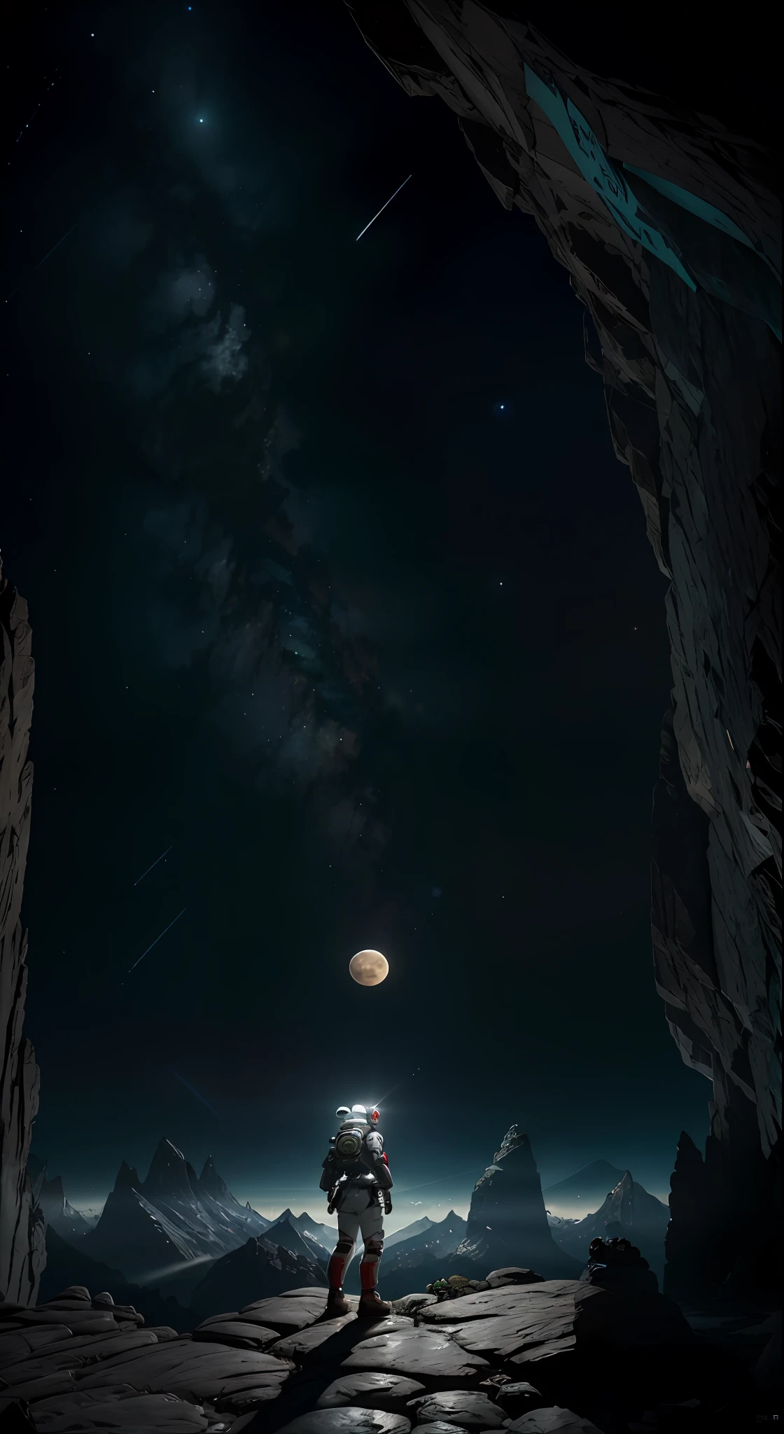 Highly detailed RAW color Photo, Rear Angle, Full Body, of (female space marine, wearing white and red space suit, futuristic helmet, tined face shield, rebreather, accentuated booty), outdoors, (leaning over rocky Edge, looking out at advanced alien structure), (on complex exotic alien planet:0.6), toned body, big butt, (sci-fi), (mountains:1.1), (lush green vegetation), (two moons in sky:0.8), (highly detailed, hyperdetailed, intricate), (lens flare:0.7), (bloom:0.7), particle effects, raytracing, cinematic lighting, shallow depth of field, photographed on a Sony a9 II, 24mm wide angle lens, sharp focus, cinematic film still from Gravity 2013, viewed from behind