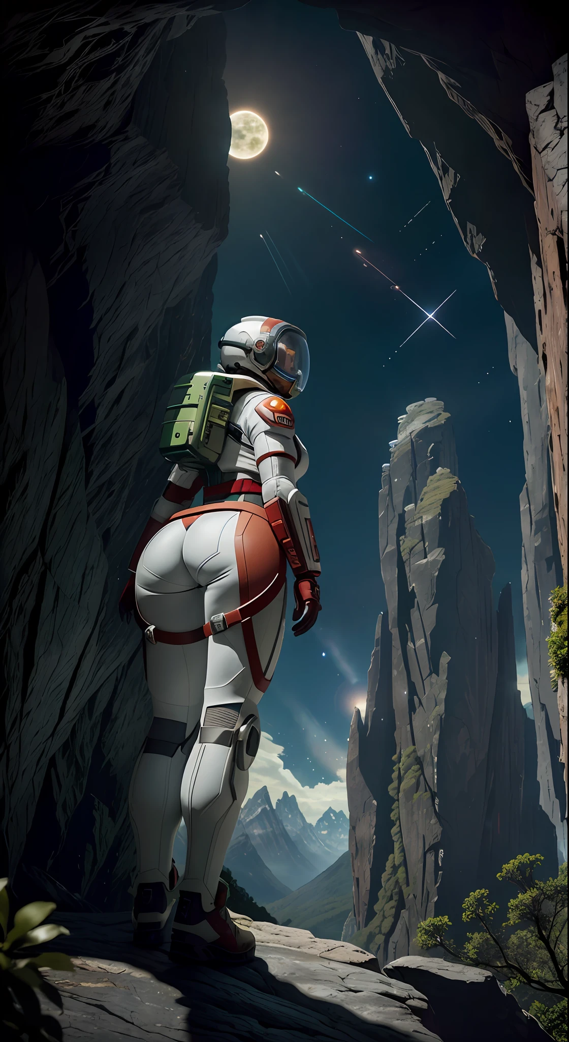 Highly detailed RAW color Photo, Rear Angle, Full Body, of (female space marine, wearing white and red space suit, futuristic helmet, tined face shield, rebreather, accentuated booty), outdoors, (leaning over rocky Edge, looking out at advanced alien structure), (on complex exotic alien planet:0.6), toned body, big butt, (sci-fi), (mountains:1.1), (lush green vegetation), (two moons in sky:0.8), (highly detailed, hyperdetailed, intricate), (lens flare:0.7), (bloom:0.7), particle effects, raytracing, cinematic lighting, shallow depth of field, photographed on a Sony a9 II, 24mm wide angle lens, sharp focus, cinematic film still from Gravity 2013, viewed from behind