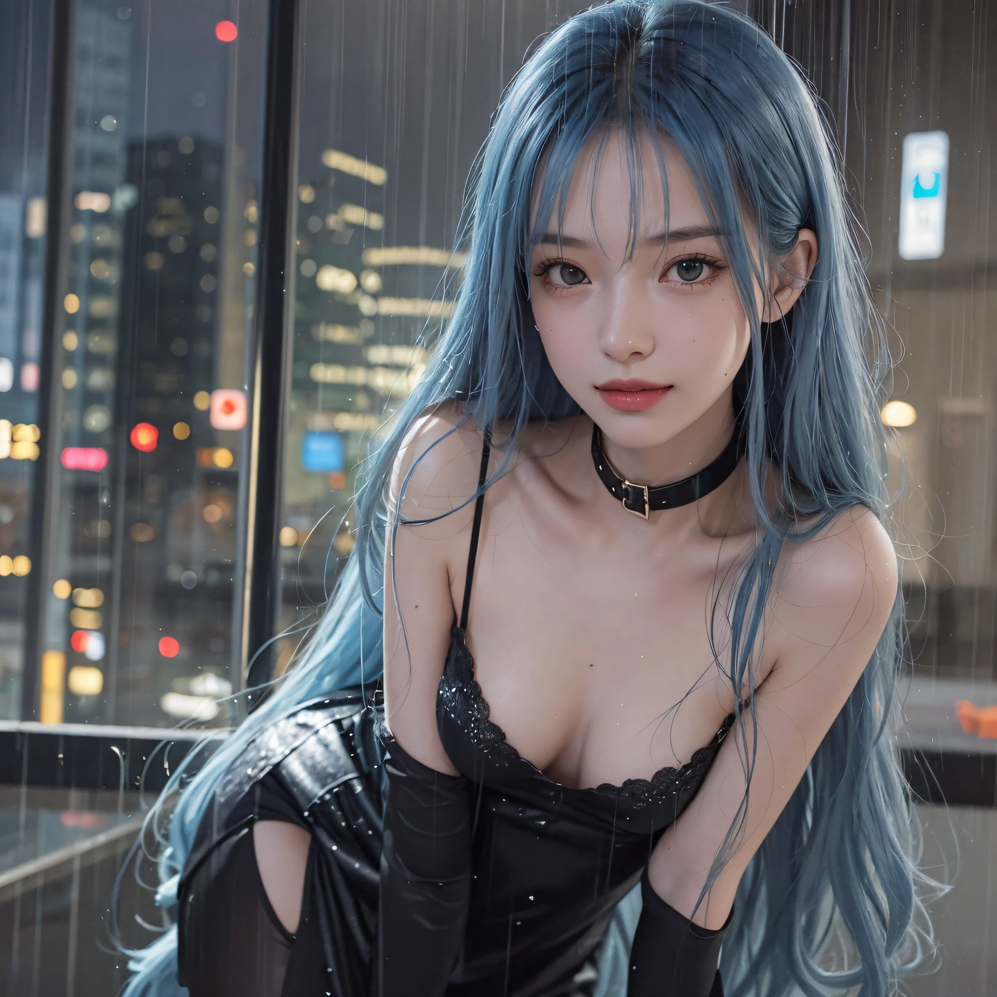 8K, best quality, masterpiece: 1.2) , super details, 1 girl, cute, independent, beautiful details sky, details cafe, night, full body, date, (nose red) , sweet smile, (Smile: 1.15) , (shut up) small breasts, beautiful details eyes, (collar shirt: 1.1) , black dress, black sheer stockings, night, wet, business dress, rain, long blue hair, flowing hair, NovaFrog style, half-naked, --auto --s2