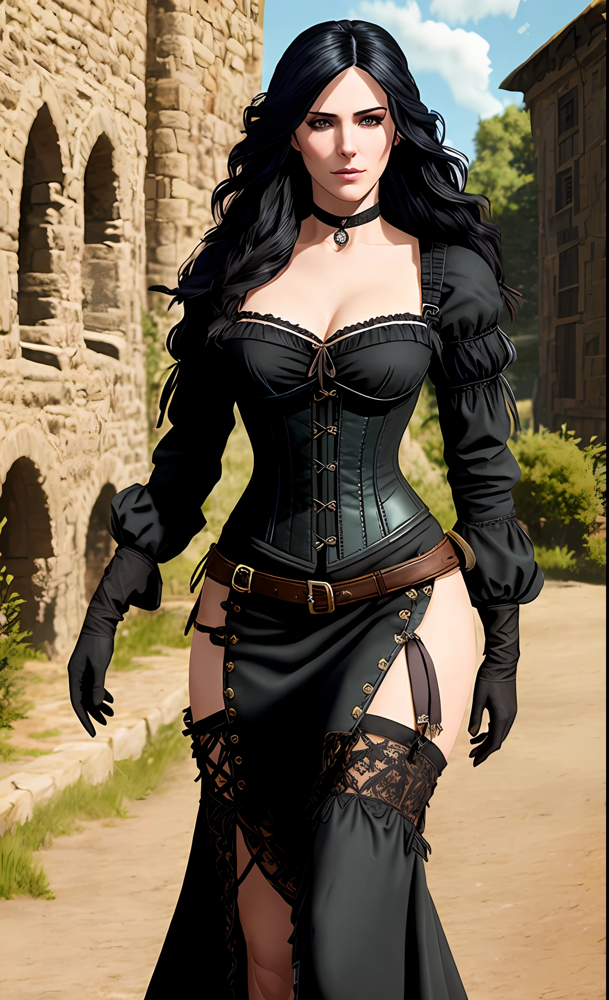 Yennefer, cowboy shot, in (sexy erotic dress:1.2), corset choker, serious castle look