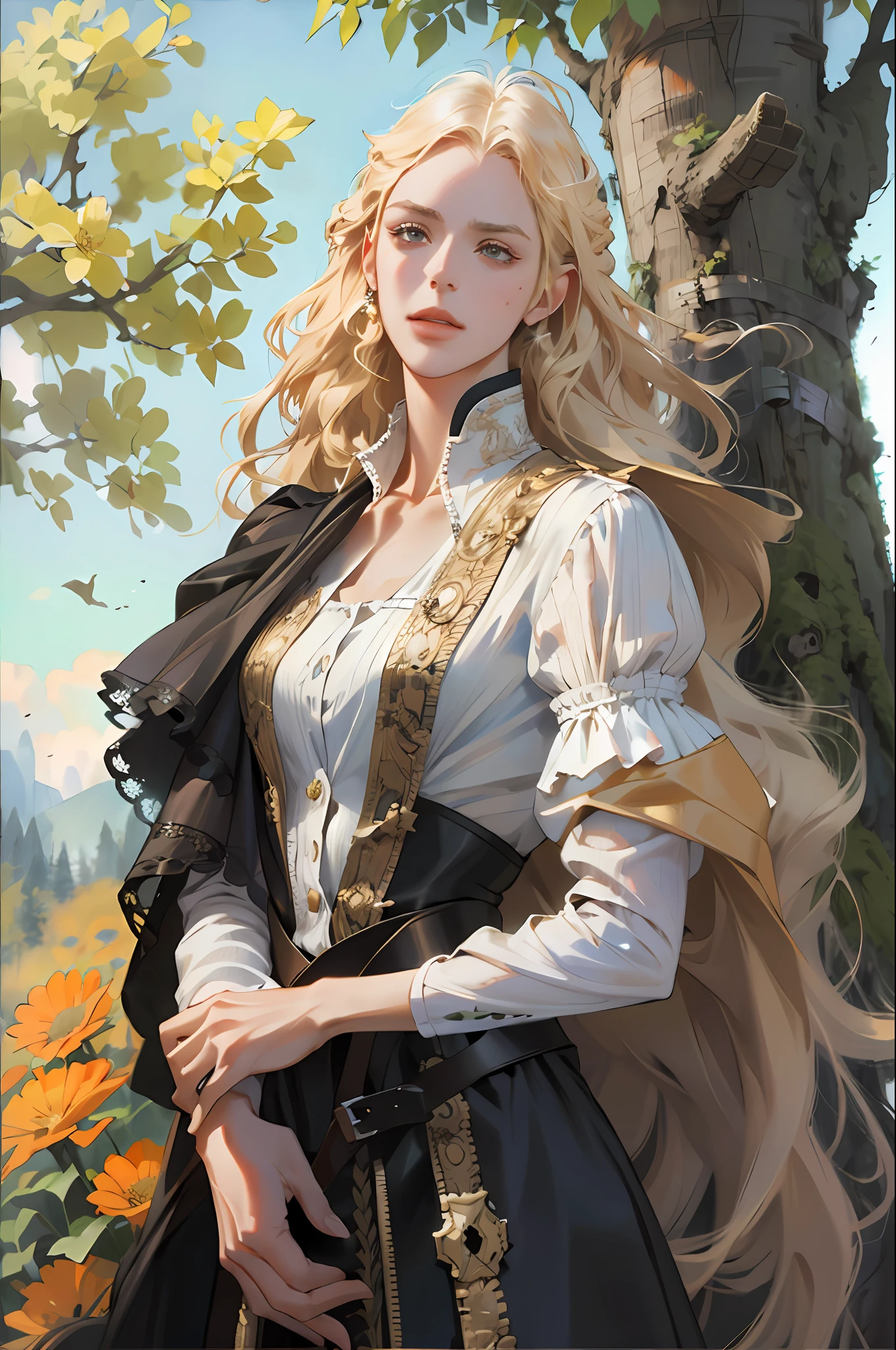 beautiful mature swedish witch (extra long curly blonde hair), slim body, portrait, in topless european dress, old european environment, sunshine, flowers, trees , (dslr), photorealism, photo, masterpiece, realism, realism, photorealism, high contrast, true digital art trends on Artstation 8k HD, realistic skin high definition detail, matte texture, best quality, super high resolution, (photorealistic:1.4), Fujifilm XT3, high resolution, detail, raw image, re-sharp, stylish color rich, surreal textures, dramatic lighting, unreal engines, trends on the Artstation cinestill 800