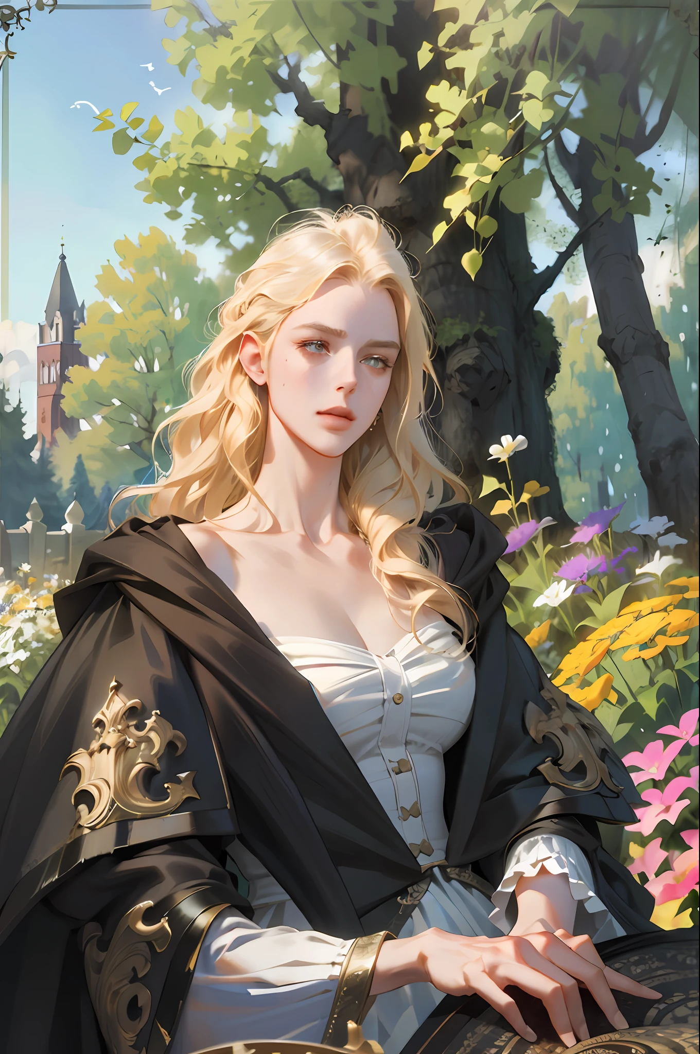 beautiful mature swedish witch (extra long curly blonde hair), slim body, portrait, in topless european dress, old european environment, sunshine, flowers, trees , (dslr), photorealism, photo, masterpiece, realism, realism, photorealism, high contrast, true digital art trends on Artstation 8k HD, realistic skin high definition detail, matte texture, best quality, super high resolution, (photorealistic:1.4), Fujifilm XT3, high resolution, detail, raw image, re-sharp, stylish color rich, surreal textures, dramatic lighting, unreal engines, trends on the Artstation cinestill 800