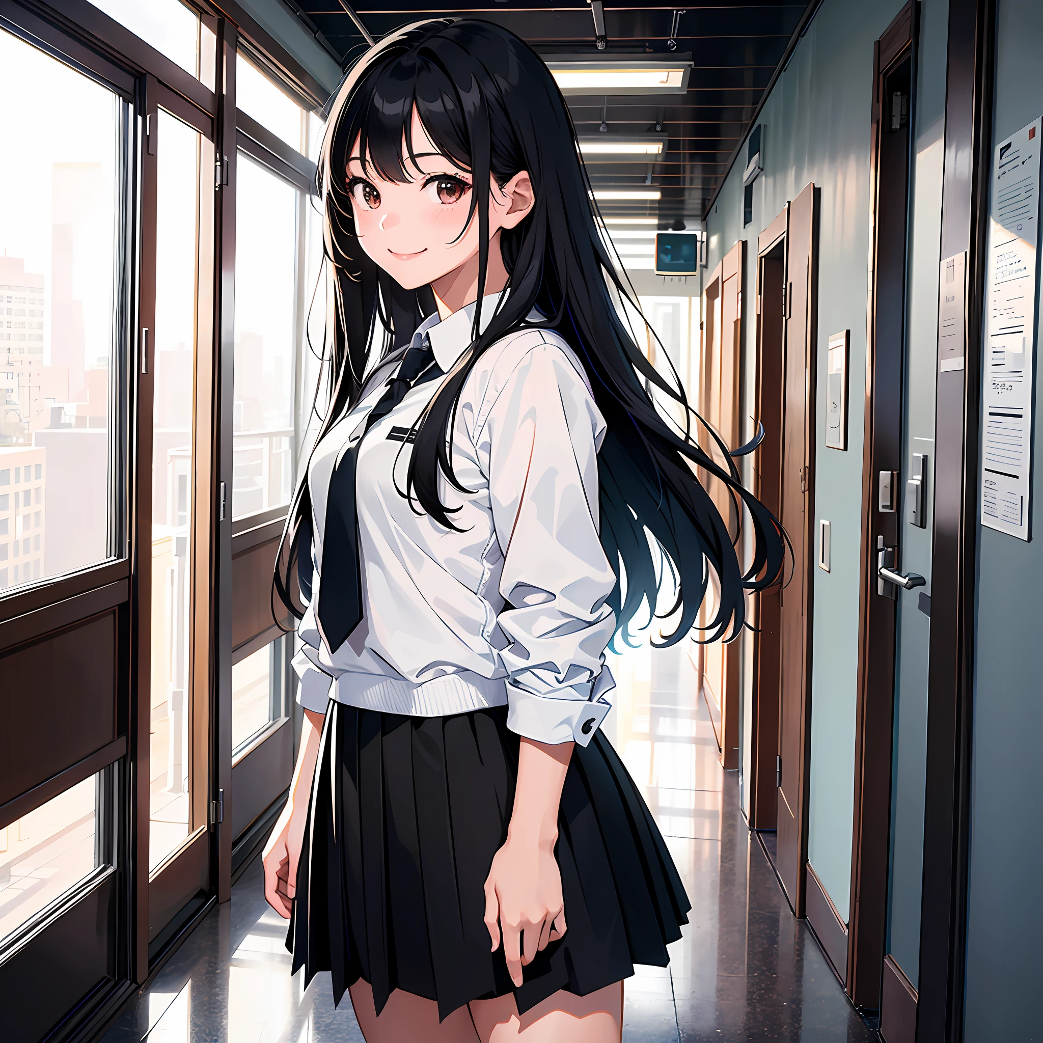 Ultra High Resolution, 16k, ((Masterpiece)), ((Best Quality))), ((Ultra Detailed)), Upper Body View, A Girl, Long Black Hair, Student Uniform, Smiling, Standing in the Hallway