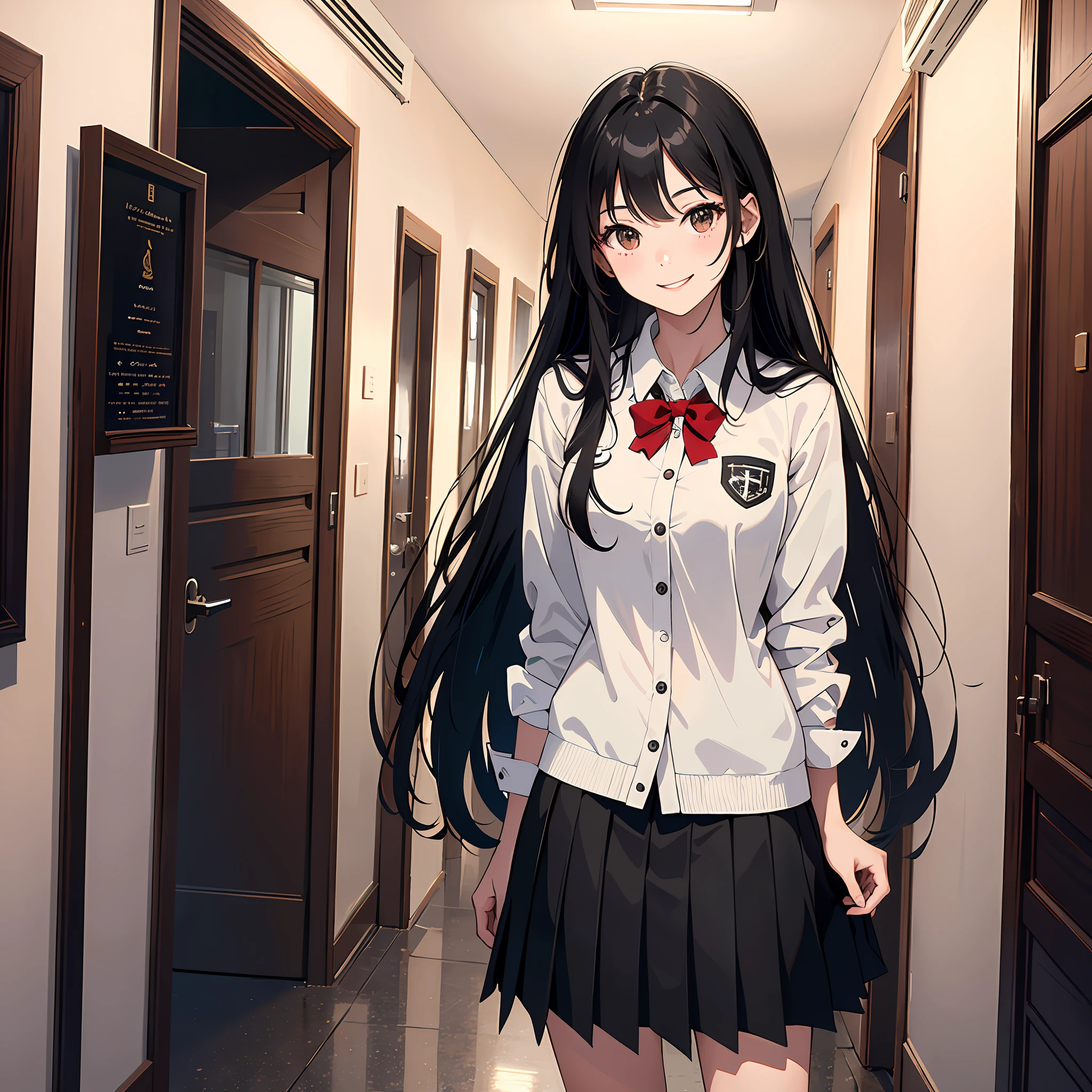 Ultra High Resolution, 16k, ((Masterpiece)), ((Best Quality))), ((Ultra Detailed)), Upper Body View, A Girl, Long Black Hair, Student Uniform, Smiling, Standing in the Hallway
