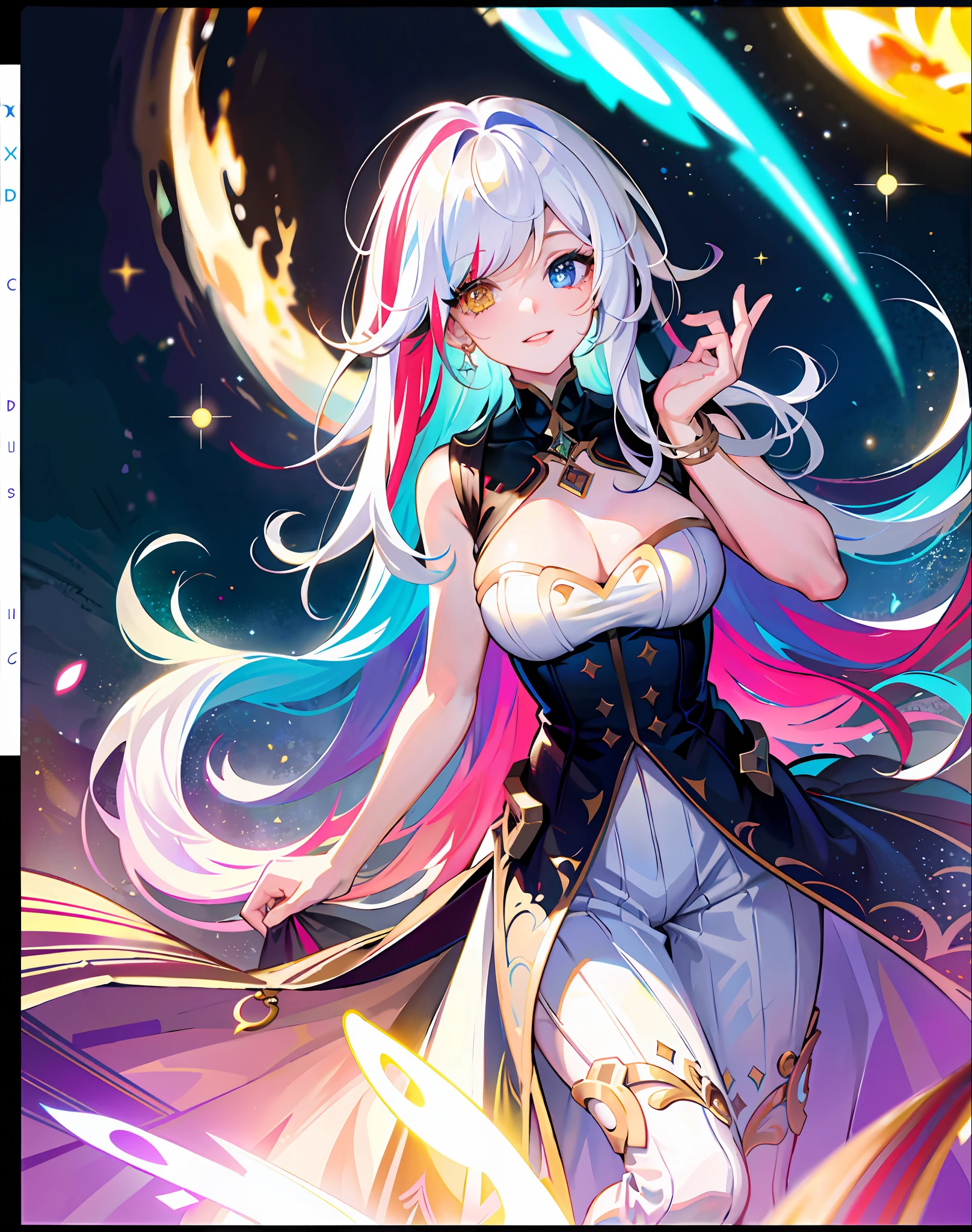 {{masterpiece}}, best quality, cinematic lighting, lens flare, medium breasts, beautiful detail eyes, multicolor hair, colorful light particles, heterochromia, (colorful:1.5), (colorful hair:1.5),