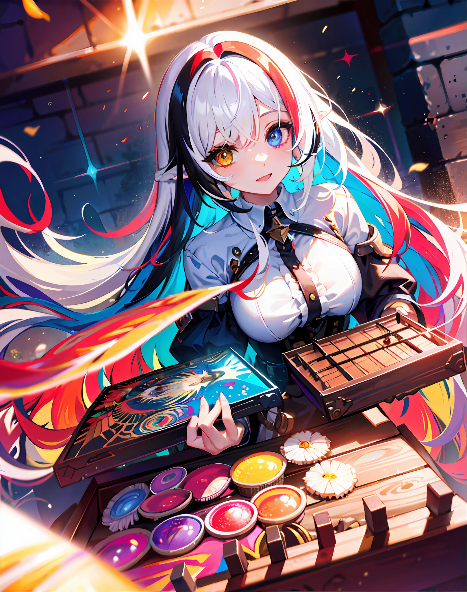 {{masterpiece}}, best quality, cinematic lighting, lens flare, medium breasts, beautiful detail eyes, multicolor hair, colorful light particles, heterochromia, (colorful:1.5), (colorful hair:1.5),
