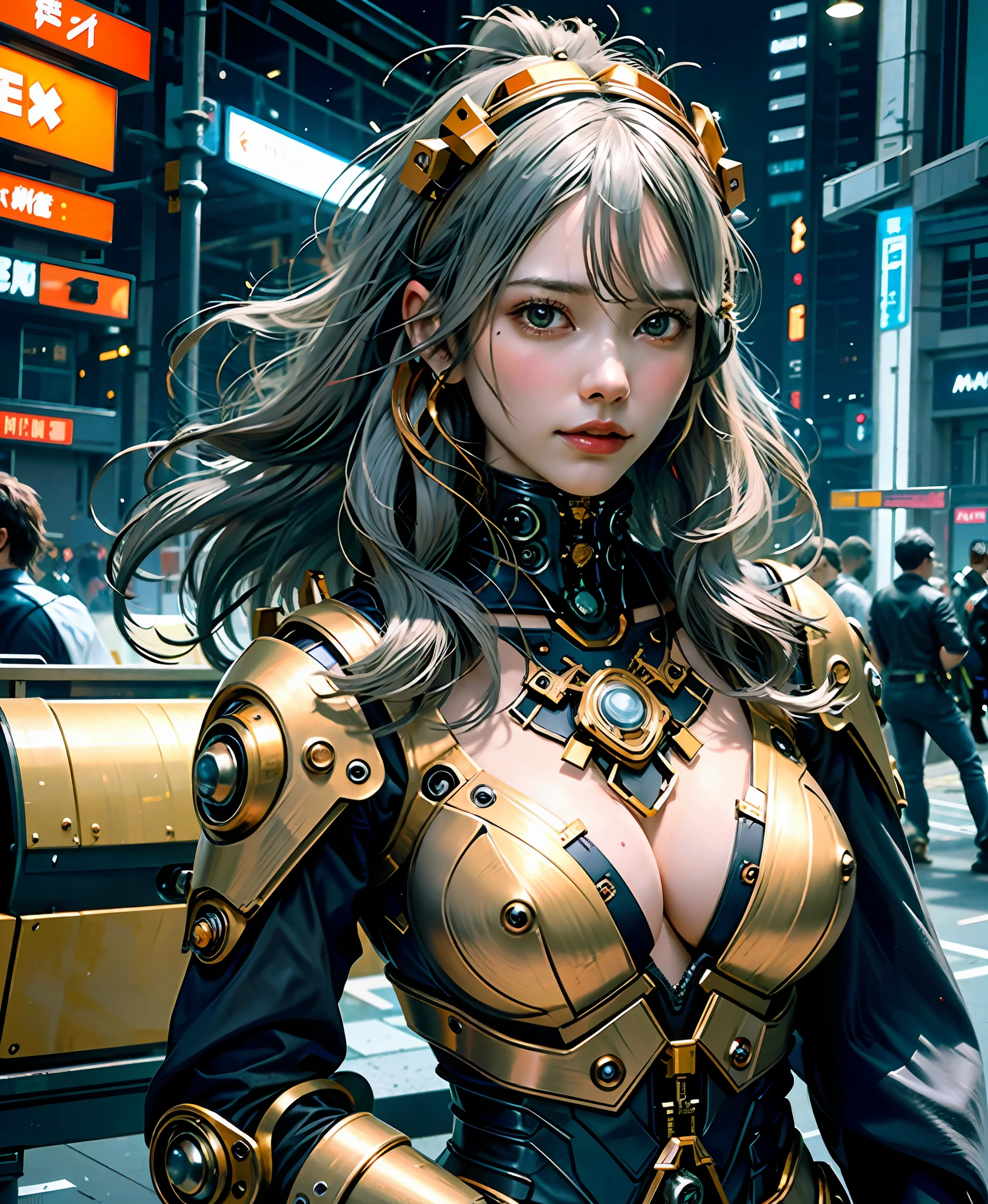 Gray hair, long fluttering hair, strong wind, orange eyes, shining eyes, steampunk girl, big, face, chest and thighs raw, cleavage visible. Photoreal, Portfolio, Fine LED, Golden Metal Mech Suit, Cyberpunk, Metallic, Aggregate of Small Parts, Detailed Mech Parts, Bundle of Thin Tubes, Metal Cylinder, Detailed Neon, Fine LED, Fine Parts