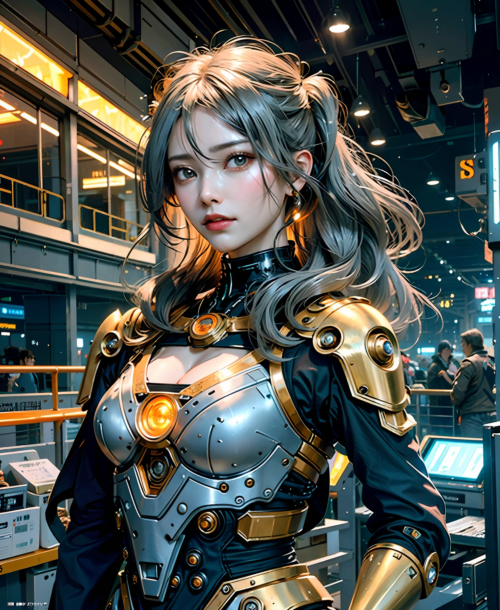 Gray hair, long fluttering hair, strong wind, orange eyes, shining eyes, steampunk girl, big, face, chest and thighs raw, cleavage visible. Photoreal, Portfolio, Fine LED, Golden Metal Mech Suit, Cyberpunk, Metallic, Aggregate of Small Parts, Detailed Mech Parts, Bundle of Thin Tubes, Metal Cylinder, Detailed Neon, Fine LED, Fine Parts