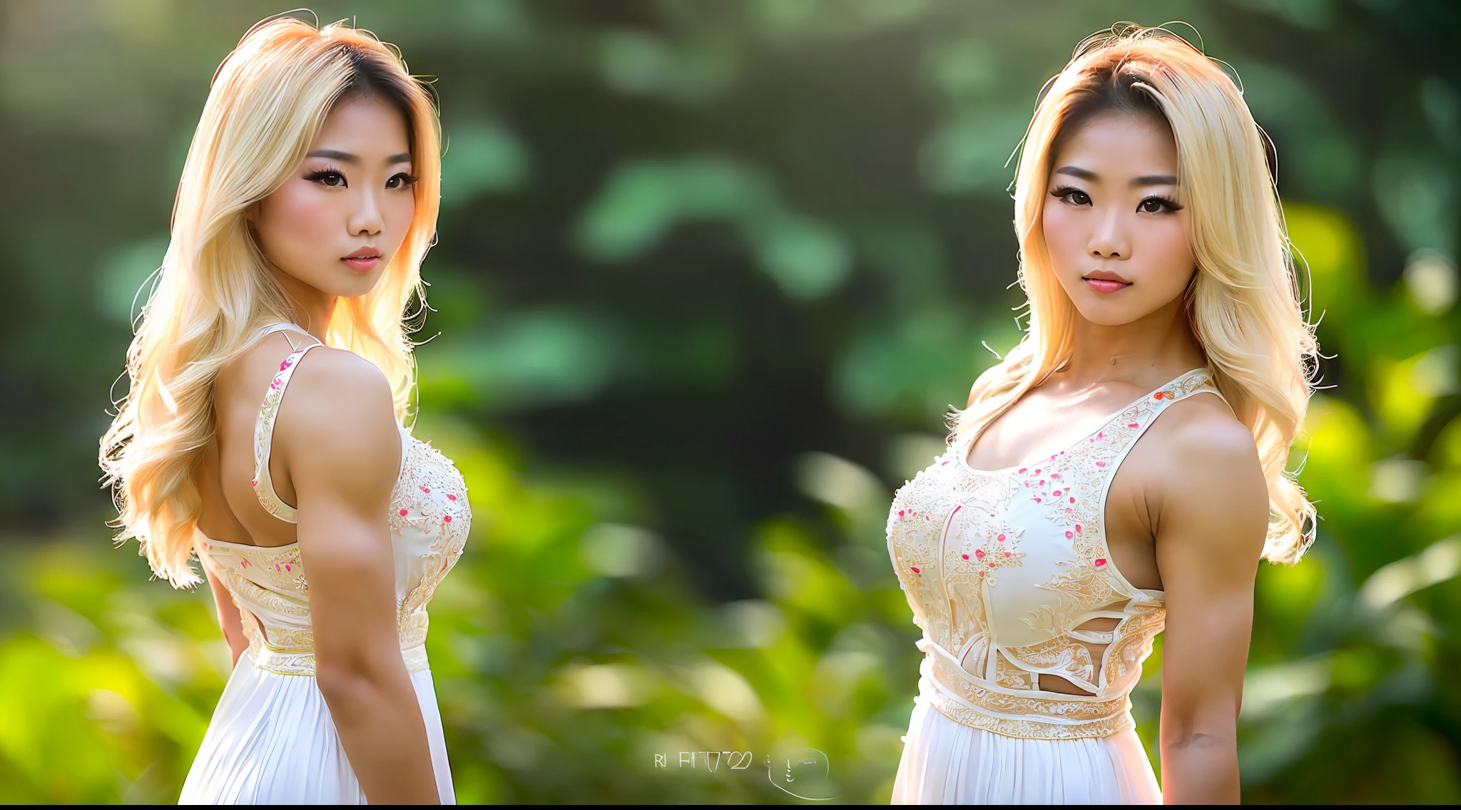 a beautiful young Asian woman with blond hair and a bodybuilder physique, wearing a Vietnamese traditional white dress, kao dai,, full body, cinematic medium close-up portrait, Key light, backlight, natural lighting, photography 400 ISO film grain 30mm lens RAW aperture f1.8, art photographer, intricate print