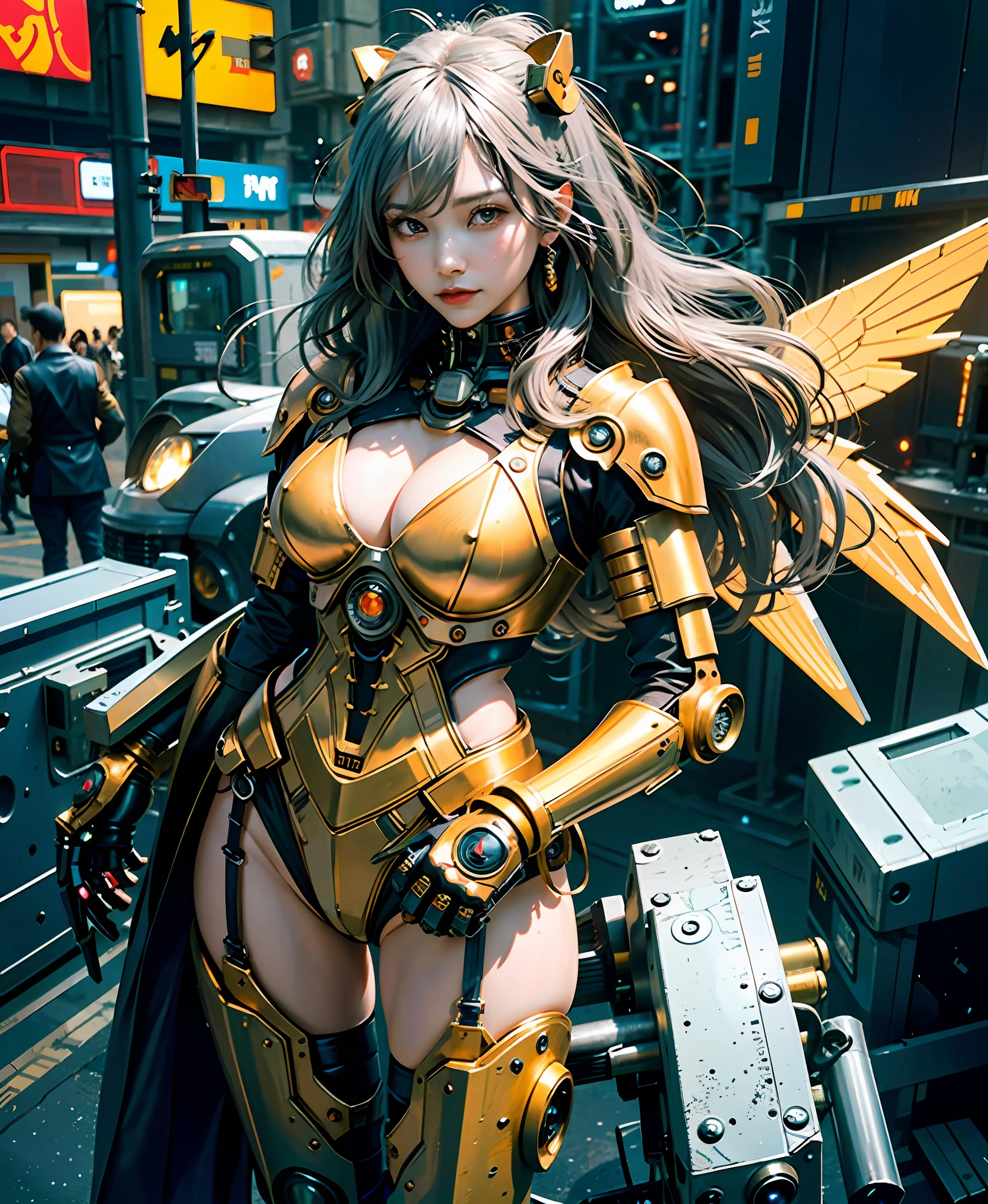 Gray hair, long fluttering hair, strong wind, orange eyes, shining eyes, steampunk girl, big, face, chest and thighs raw, cleavage visible. Photoreal, Portfolio, Fine LED, Golden Metal Mech Suit, Cyberpunk, Metallic, Aggregate of Small Parts, Detailed Mech Parts, Bundle of Thin Tubes, Metal Cylinder, Detailed Neon, Fine LED, Fine Parts
