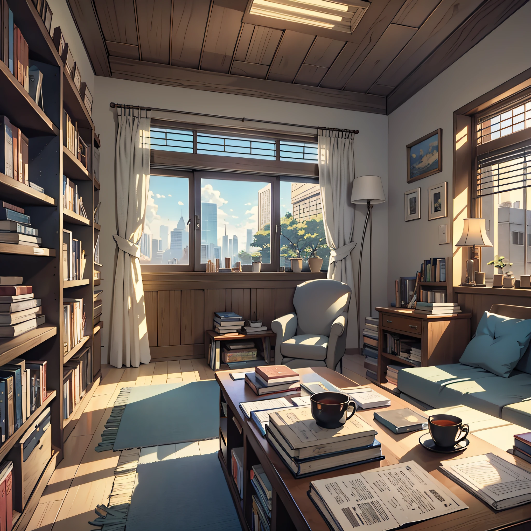 Interior of a room, scattered books, clear day, anime style, anime style, framed, first-person view, high details --auto --s2