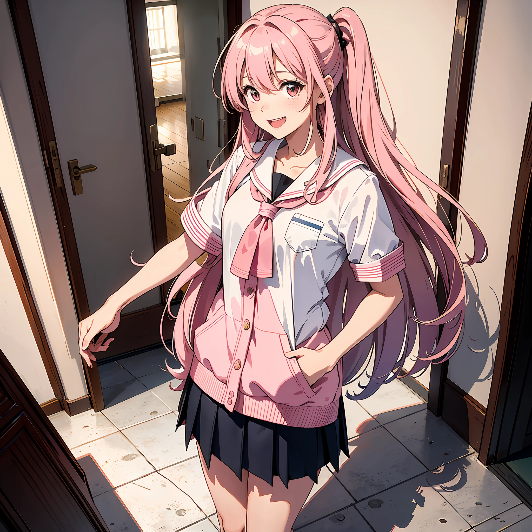 Ultra high resolution, 16k, ((masterpiece)), ((best quality))), ((super detailed)), upper body view, a girl, long pink hair, student uniform, laughing, standing in the hallway