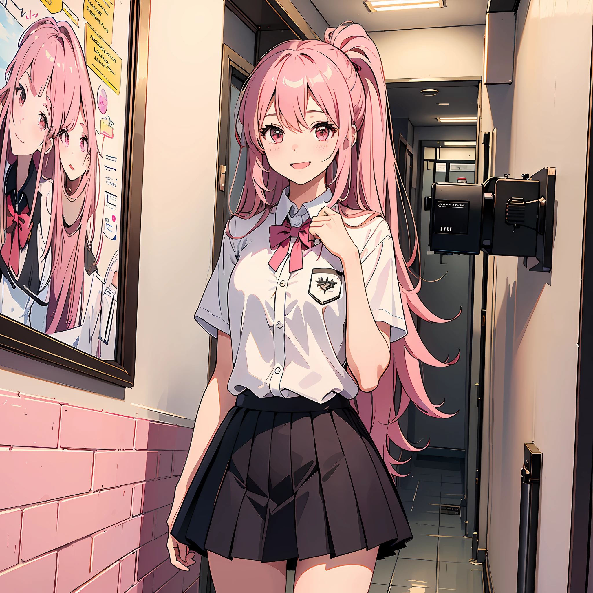 Ultra high resolution, 16k, ((masterpiece)), ((best quality))), ((super detailed)), upper body view, a girl, long pink hair, student uniform, laughing, standing in the hallway