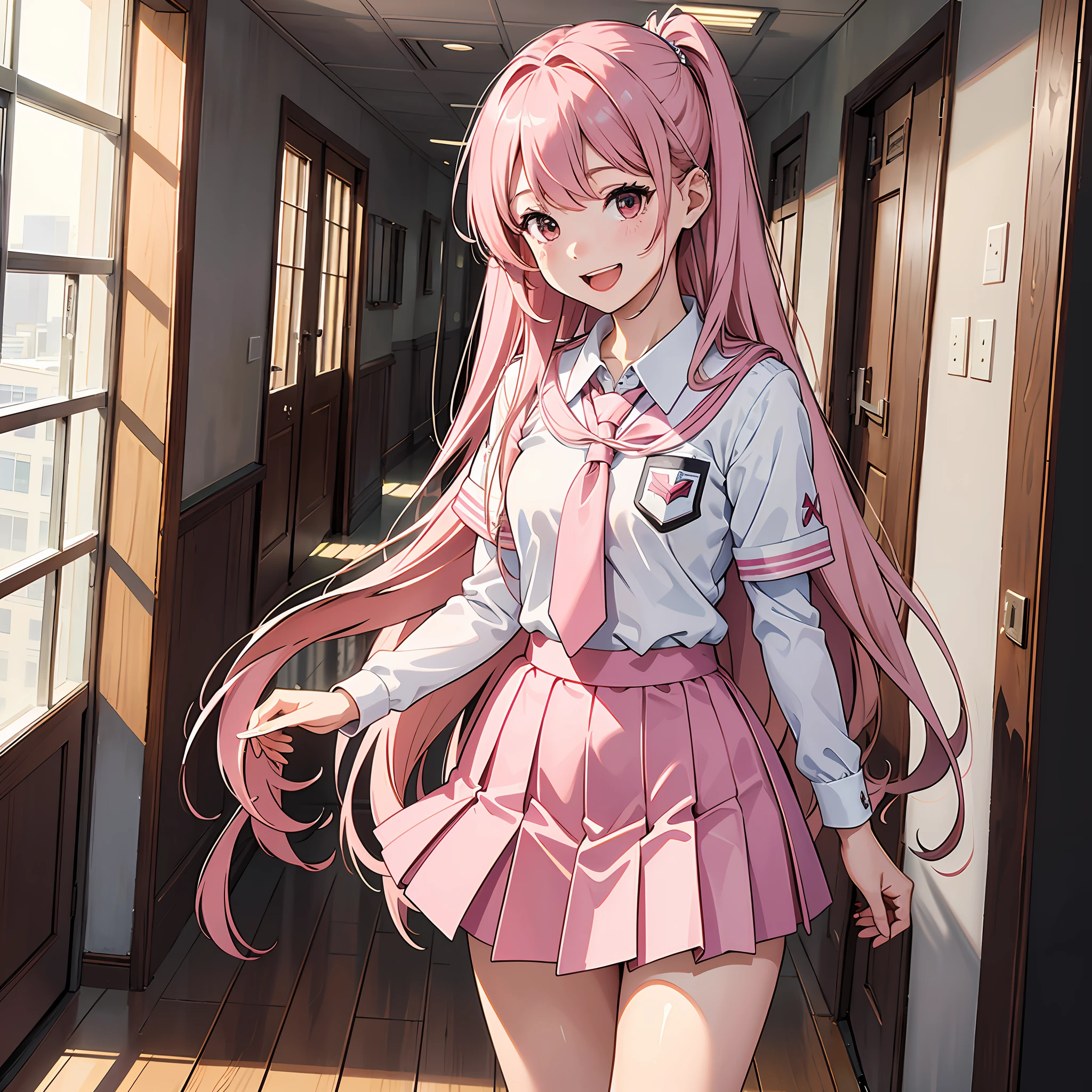 Ultra high resolution, 16k, ((masterpiece)), ((best quality))), ((super detailed)), upper body view, a girl, long pink hair, student uniform, laughing, standing in the hallway