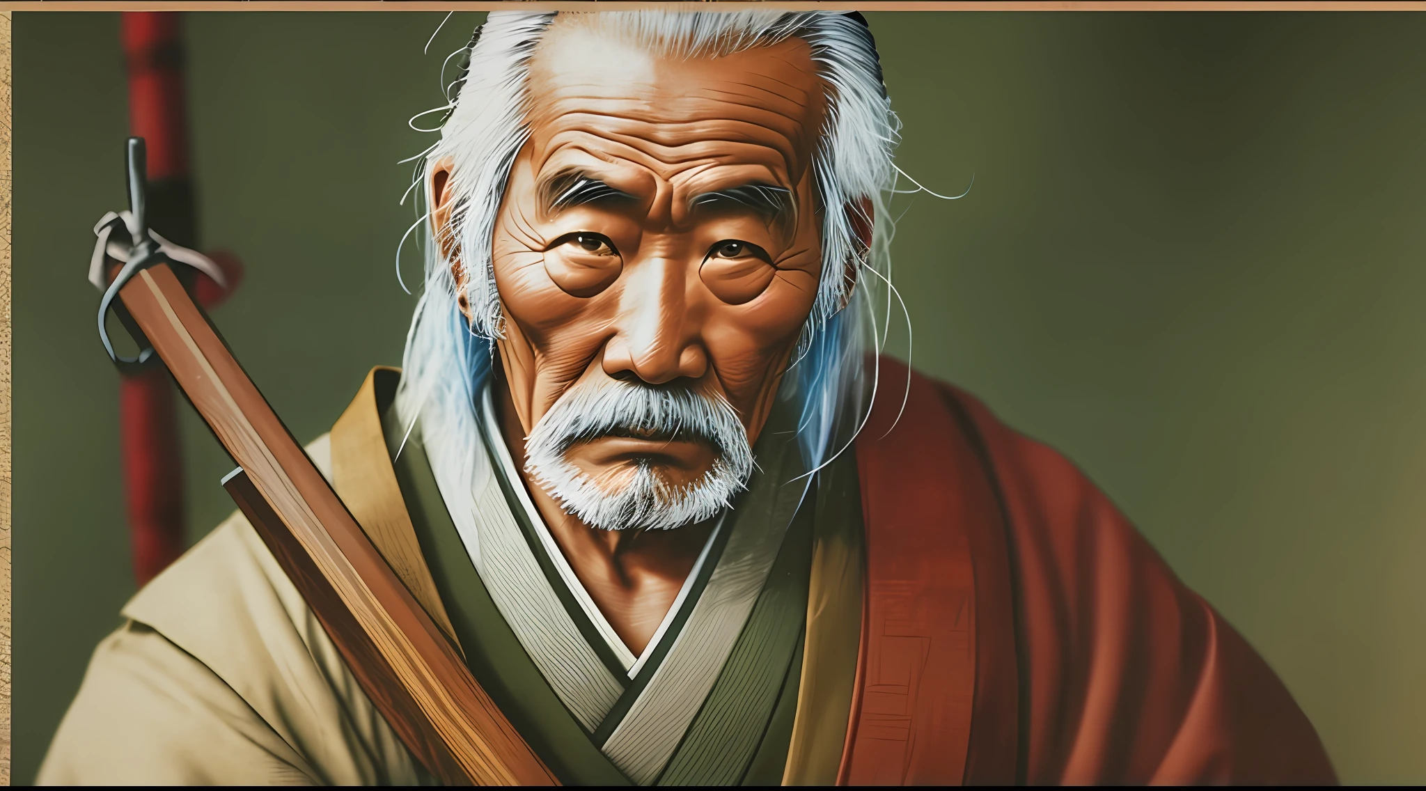Old japanese man, warrior samurai, graying hair, japanese edo period, recovered photograph, (film grain:1.2), (disposable film:1.2), bad lighting, dim, --auto --s2