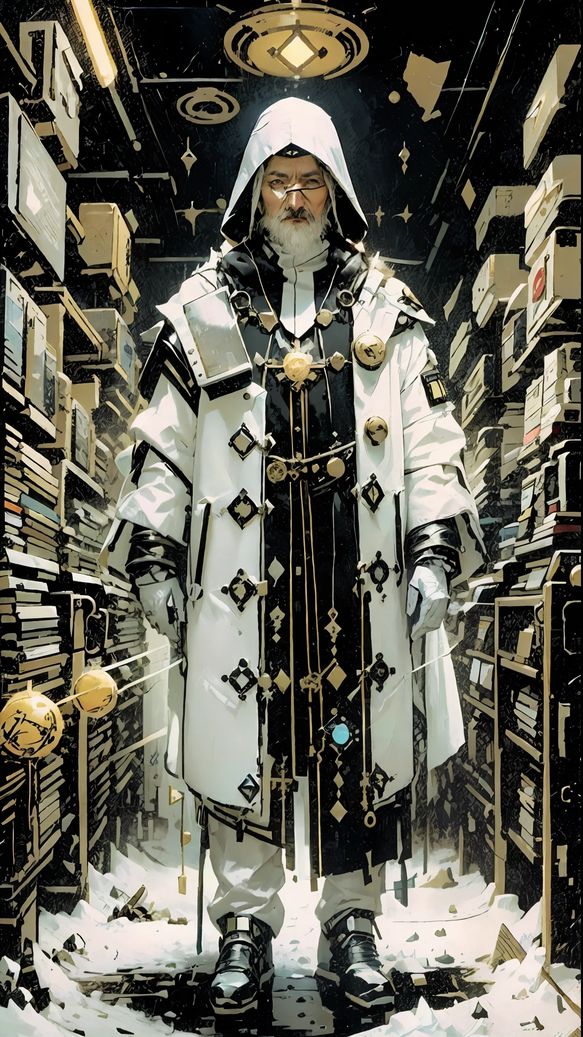 a 70 year old man, full body, cold, layers of white clothes, gold and black waist, futuristic Cyberpunk suit, librarian, writer, voluminous white clothes, sun-shaped neck medallion, futuristic clothes, [Liam Neeson] priest, librarian, short hair, big top, pointed white beard, eye tattoo, stylized sun tattoo on right eye, futuristic clothes, layered clothes,  cold inspired by Adrienn Henczné Deáki, pants, cold, cloak hair, inspired by Olivia de Berardinis