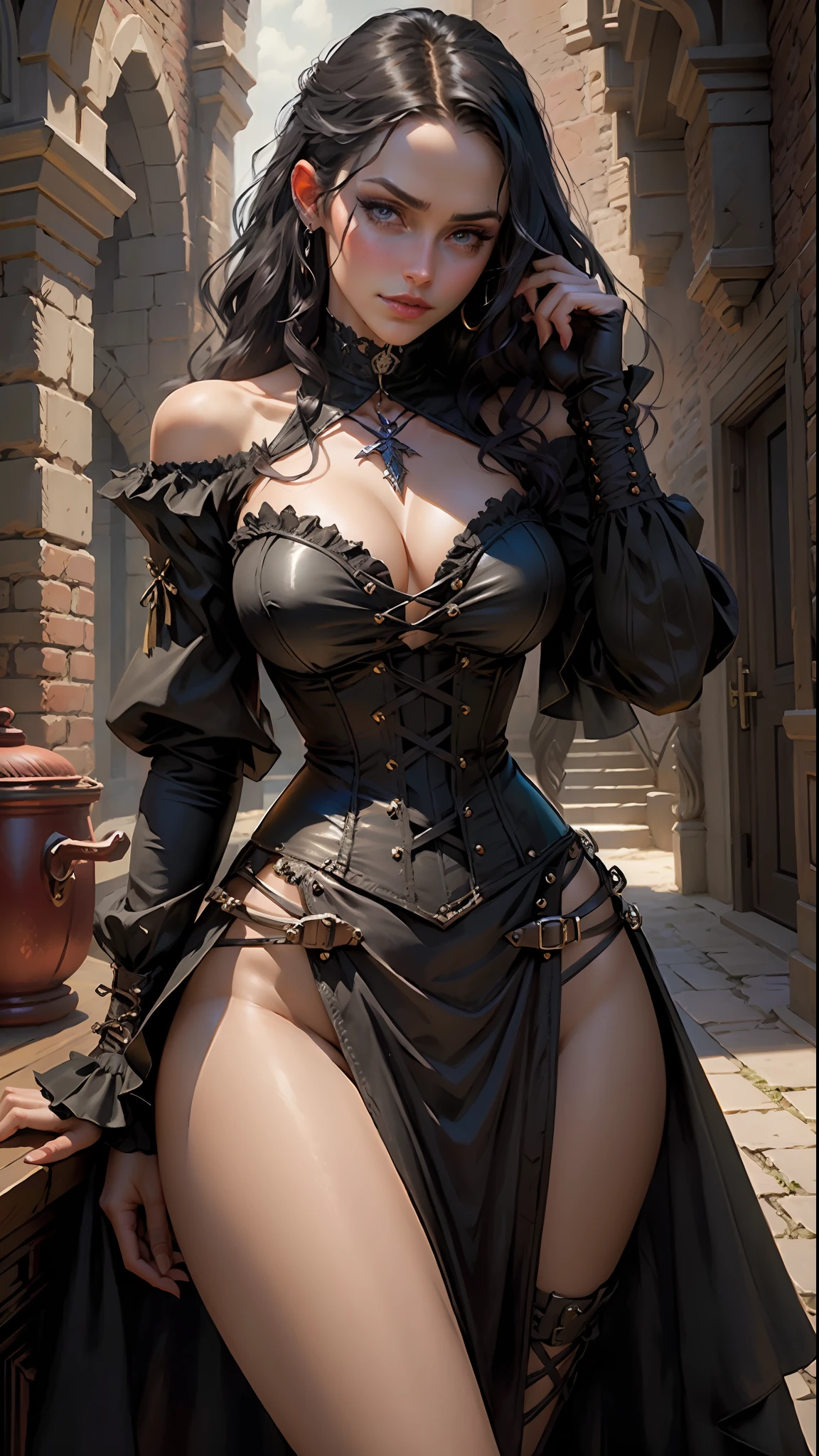 Yennefer, cowboy shot, in (sexy erotic dress:1.2), corset choker, serious castle look