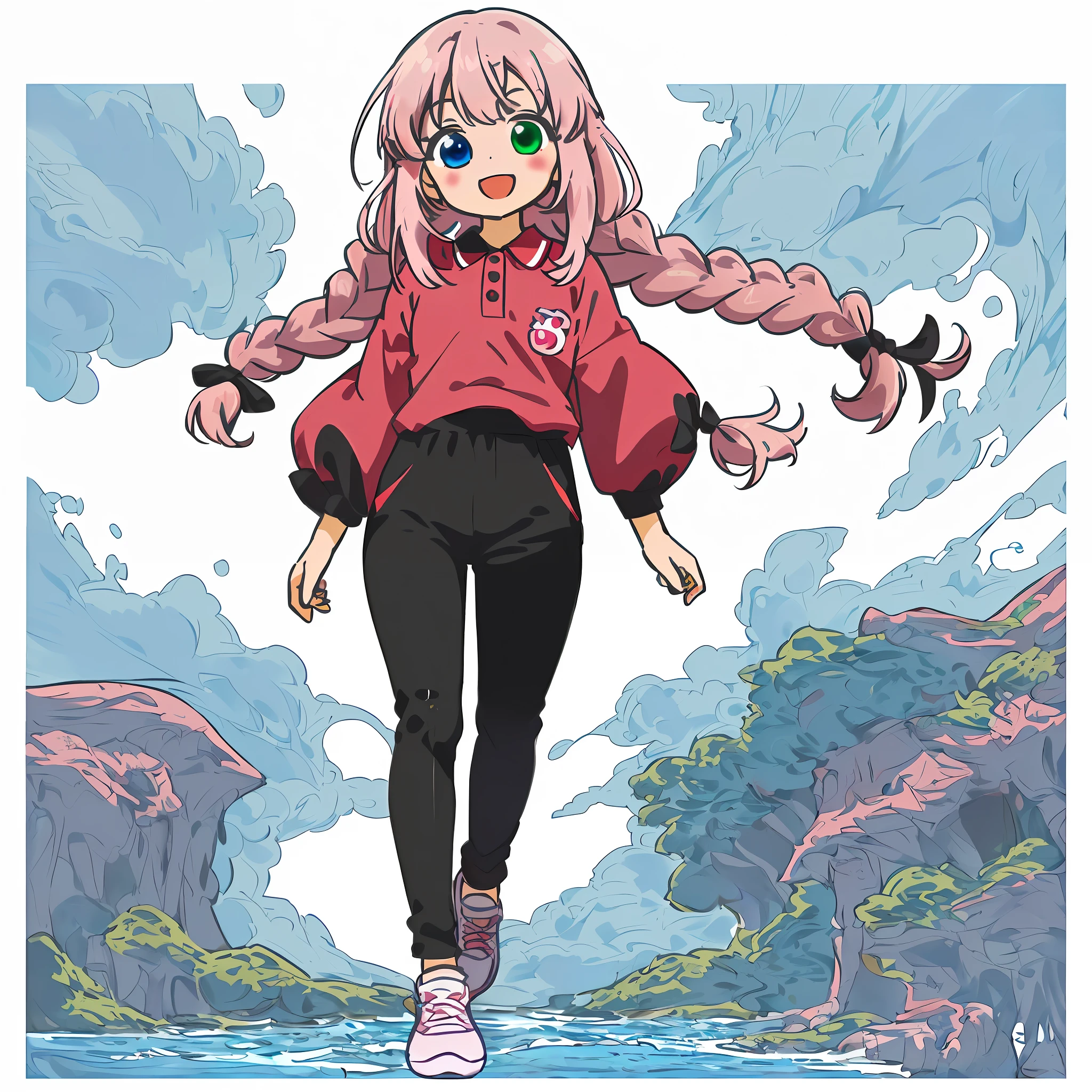 One girl, (heterochromia, blue and green eyes: 1.8), shining eyes, (illustration: 1.1), (chibi: 0.5), holding a water bottle, ((((Masterpiece, Super Detail, Top Quality, 8K, Kyoto Animation Animation Illustration)), (Caregiver, 1 Cute Girl, Big, Solo, Upright, Peace, Watch Viewer, Full Body, Front, Cute Open Mouth, Happy Smile: 1.3), (Loli: 1.2), (cute: 1.5), (red short-sleeved polo shirt and black tight long pants, long heat tech inner shirt: 1.5), (footwear: sneakers), (pale pink hair, braid, long hair, cute ribbon: 1.1), thin eyebrows,