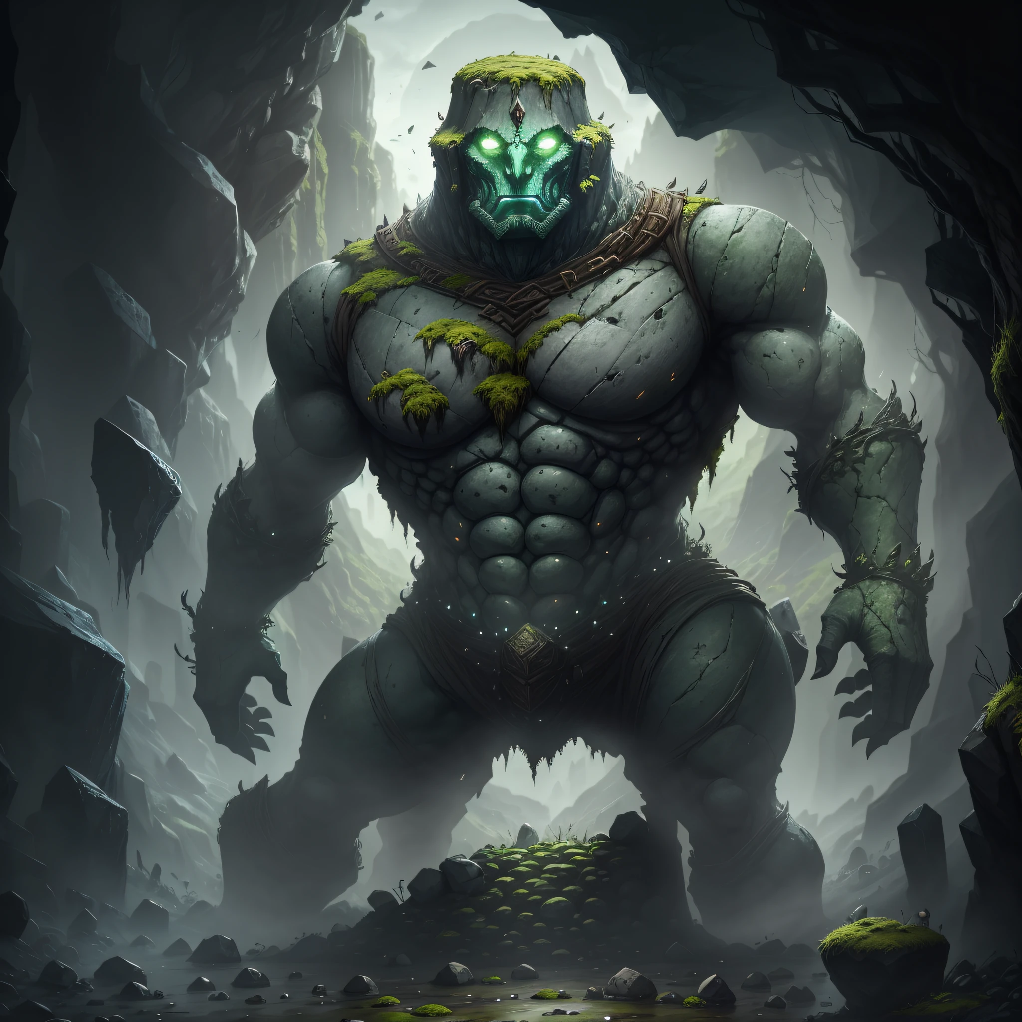 Imagine Stone Golem: Its skin is made of solid stone, with moss growing in its crevices. He controls the surrounding rocks and earth with ease, me. unrealistic in rpg game format --auto --s2