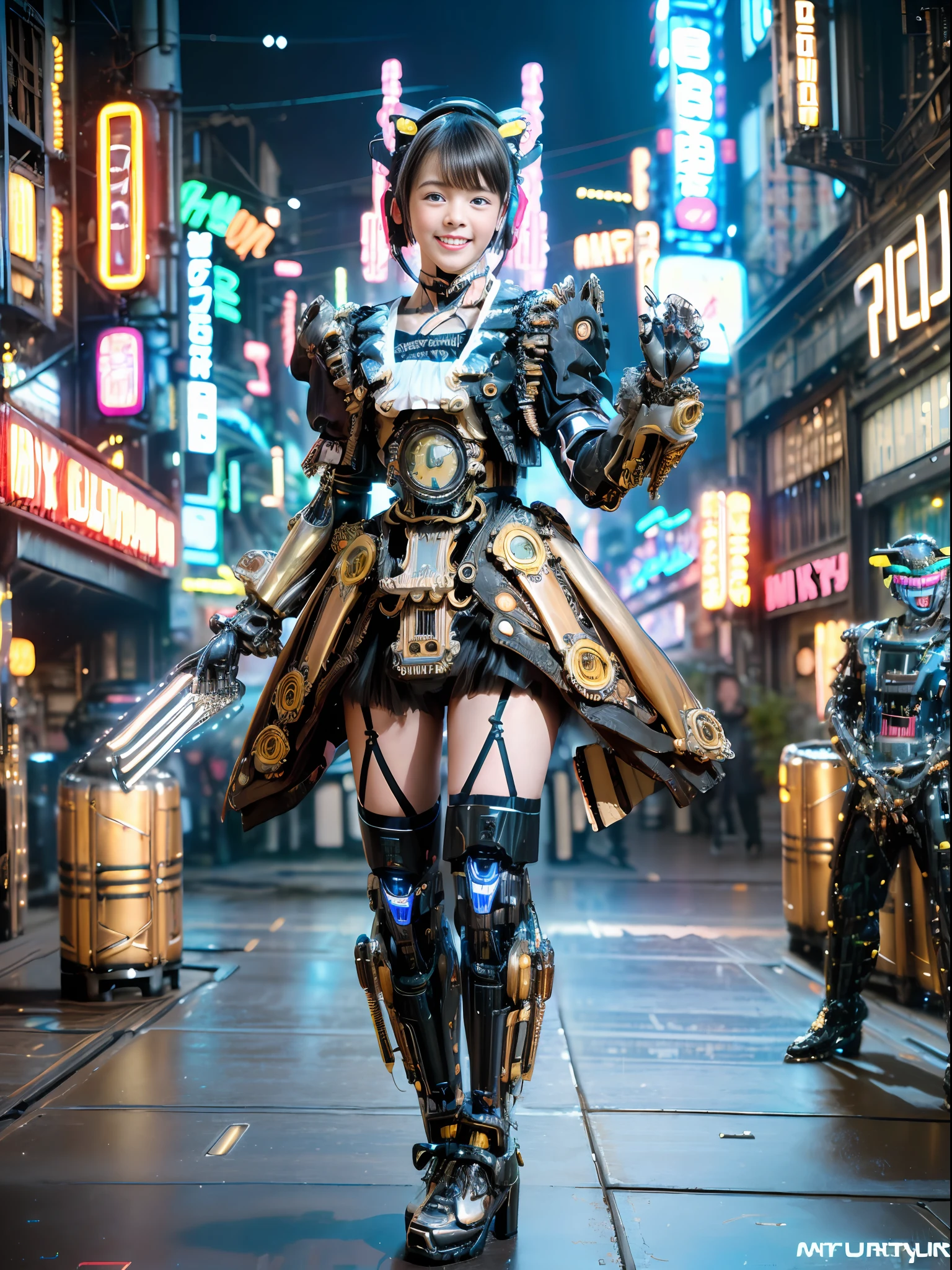 Film Photography,((Big))),Natsuki Kawamura,Cute,Idol,Realistic,Full Body,(Highly Detailed Eyes and Face)(: 0.65),Open Mouth and Smile,Stick Out Your Tongue,(Future Cyber City:1.5),(Shoes glow with neon),Portrait,Bokeh,Pose,Hands Are Mechanical,(Wearing Steampunk Style Mechanical Dress:1.3),( Clothes glow with neon),Ball blur