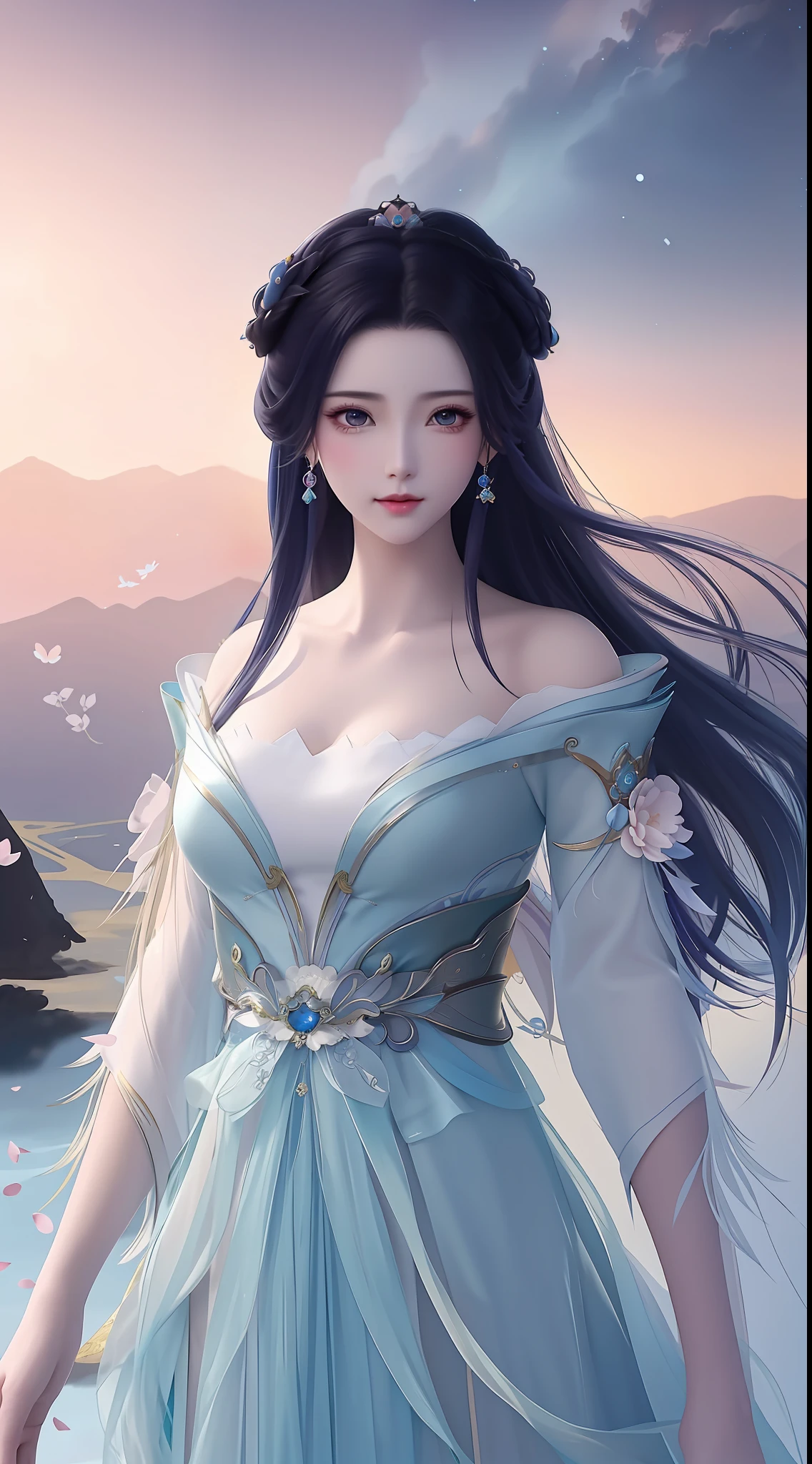 a close up of a woman in a dress with a sky background, a beautiful fantasy empress, beautiful character painting, ((a beautiful fantasy empress)), beautiful anime woman, fantasy art style, beautiful alluring anime woman, full body xianxia, anime goddess, beautiful fantasy art, xianxia fantasy, xianxia, beautiful goddess, by Fan Qi