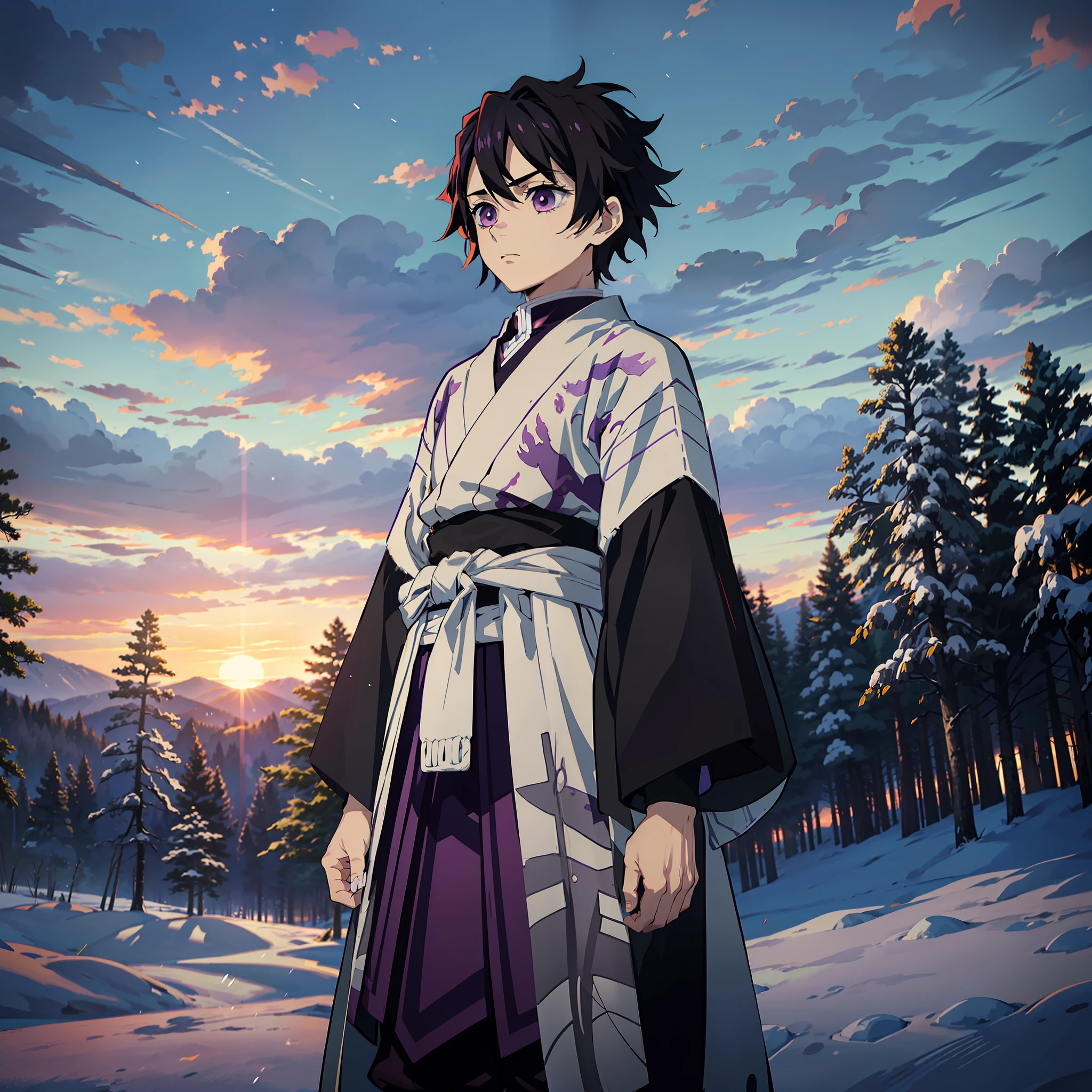 anime, (best quality), boy standing still (young and small), (snowy forest with sunrise), messy black hair (short), ((emotionless gray eyes)), Japanese clothes, open purple coat ((purple with cloud print pattern)), ((a hem at the waist)), demon slayer art, demon slayer artstyle, kimetsu no yaiba