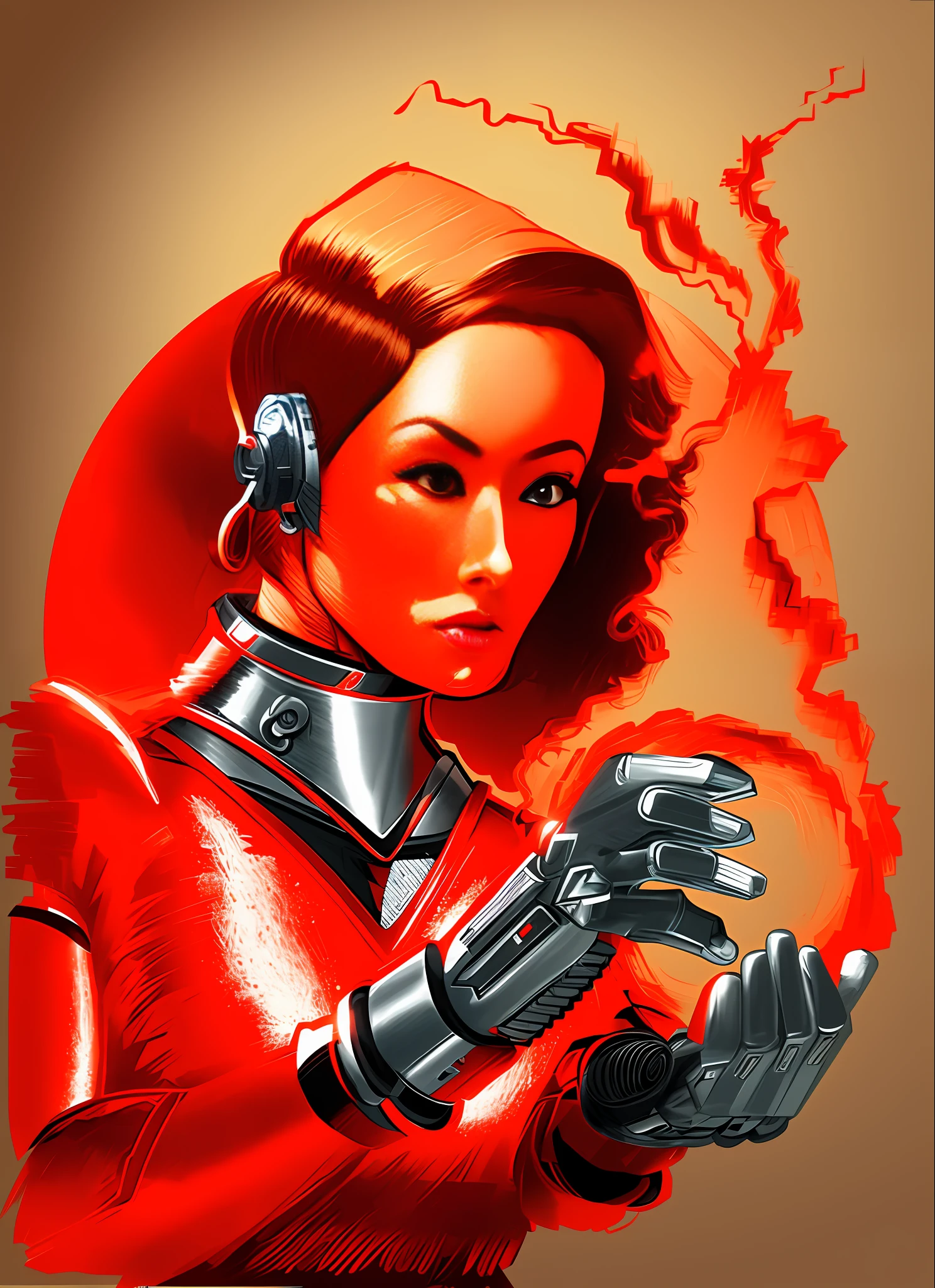 a drawing of a woman in a retro red outfit, cyborg style, manga style, fututista, hyper realistic