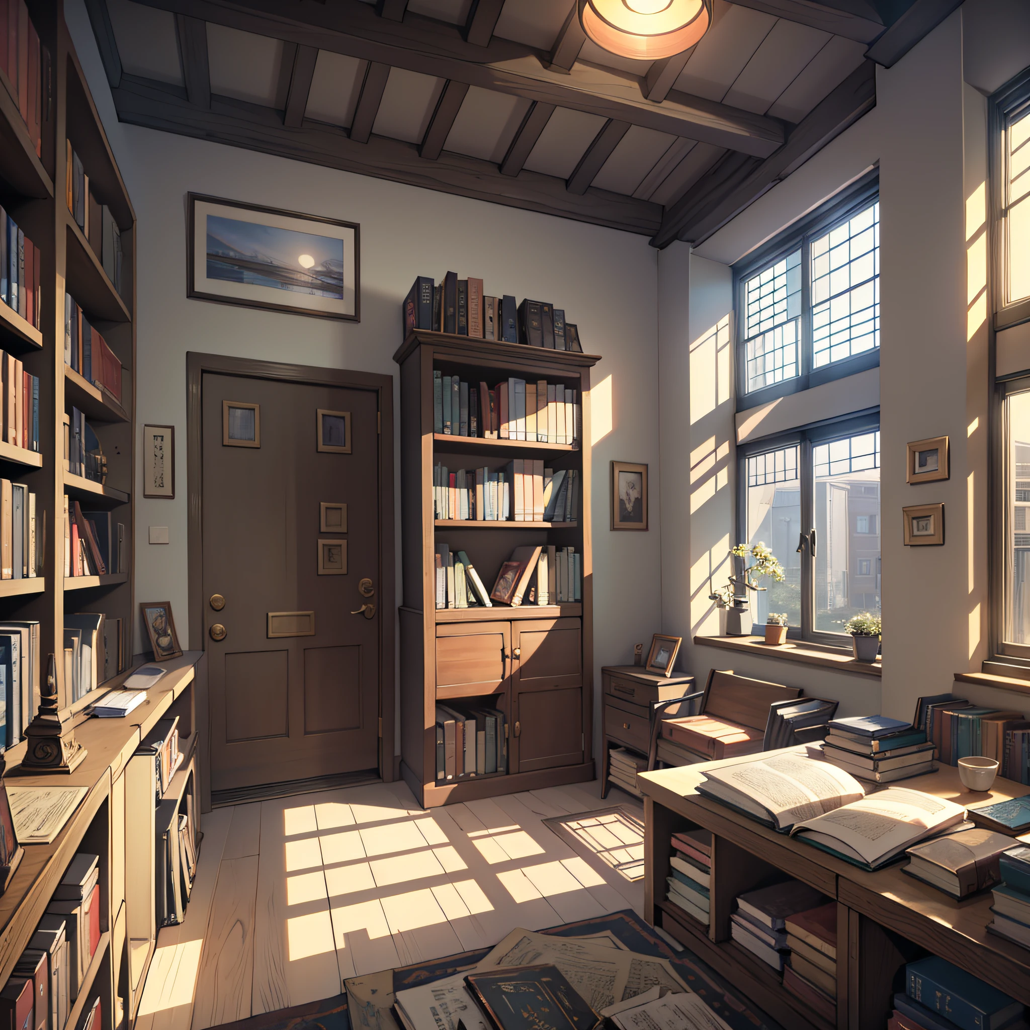 Interior of a room, scattered books, clear day, anime style, anime style, framed, first-person view, high details --auto --s2