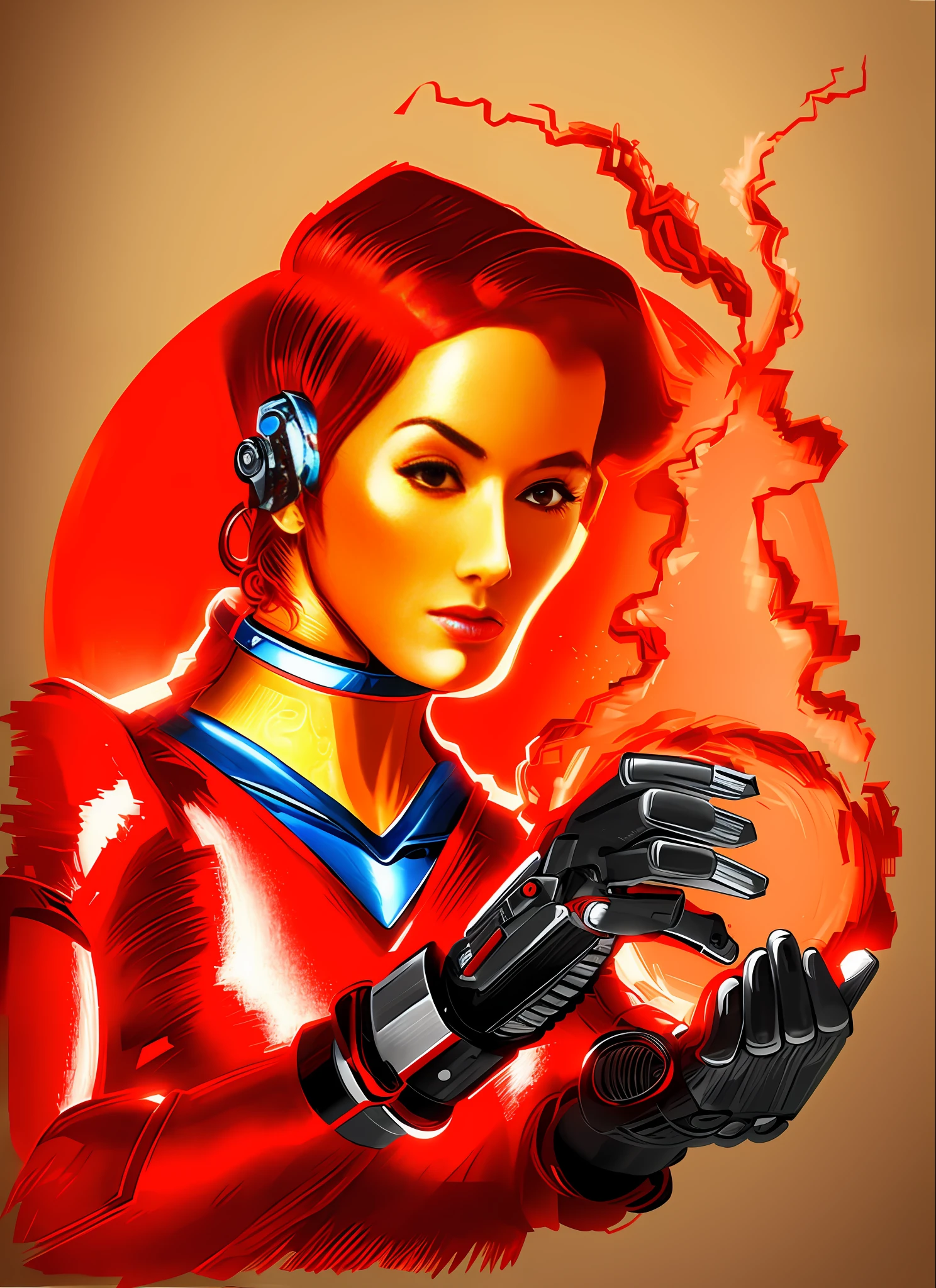 a drawing of a woman in a retro red outfit, cyborg style, manga style, fututista, hyper realistic