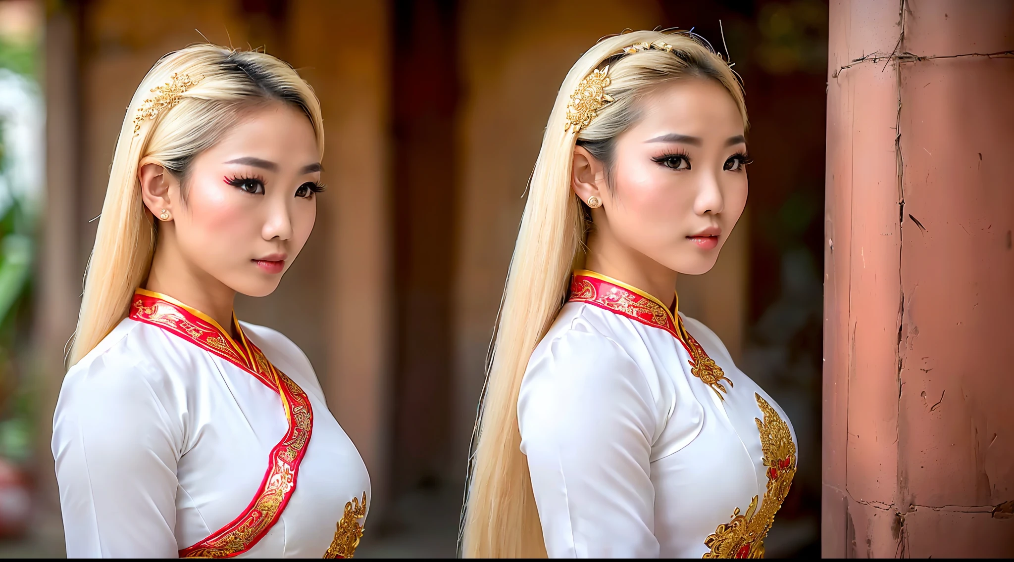 a group of beautiful young Asian women with blond hair and a bodybuilder physique, wearing a Vietnamese traditional white dress, full body, cinematic medium close-up portrait, Key light, backlight, natural lighting, photography 400 ISO film grain 30mm lens RAW aperture f1.8, art photographer, intricate print