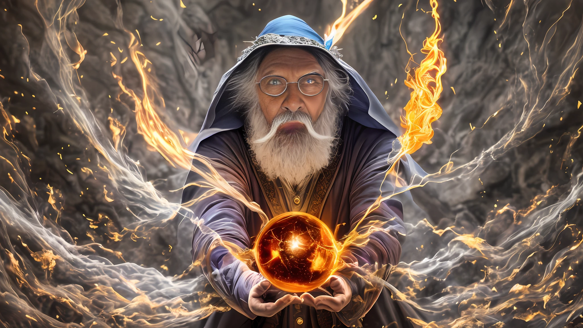 a fantasy wizard throwing a fireball spell, very detailed, shot on a Nikon Z7 II and Nikon NIKKOR Z 105mm f/2.8 VR S, chiaroscuro, hyperrealism, luminism, hd, 4k, 8k, best quality, UHD, masterpiece, super detail, best quality --auto --s2