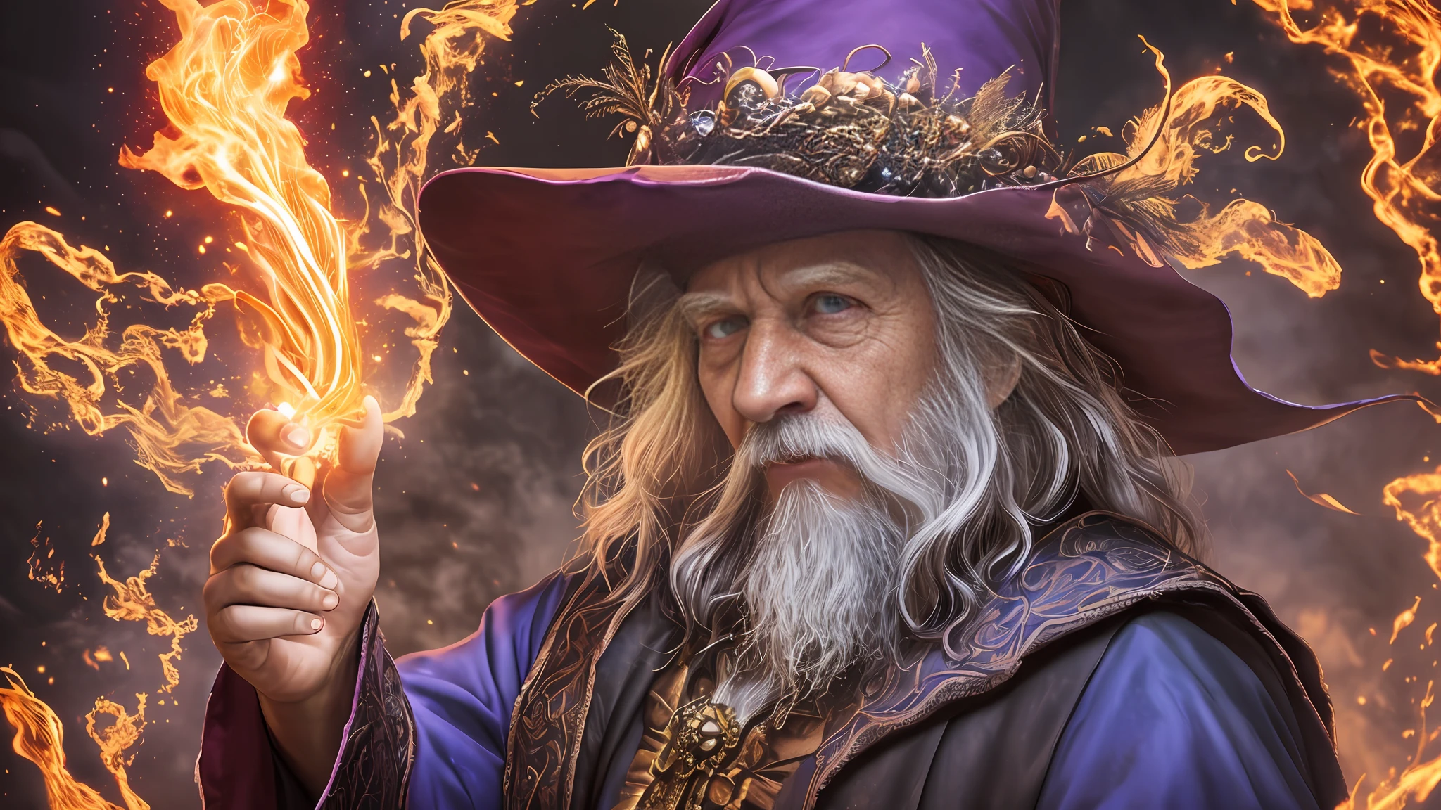 a fantasy wizard throwing a fireball spell, very detailed, shot on a Nikon Z7 II and Nikon NIKKOR Z 105mm f/2.8 VR S,  chiaroscuro, hyperrealism, luminism, hd, 4k, 8k, best quality, UHD, masterpiece, super detail, best quality --auto --s2