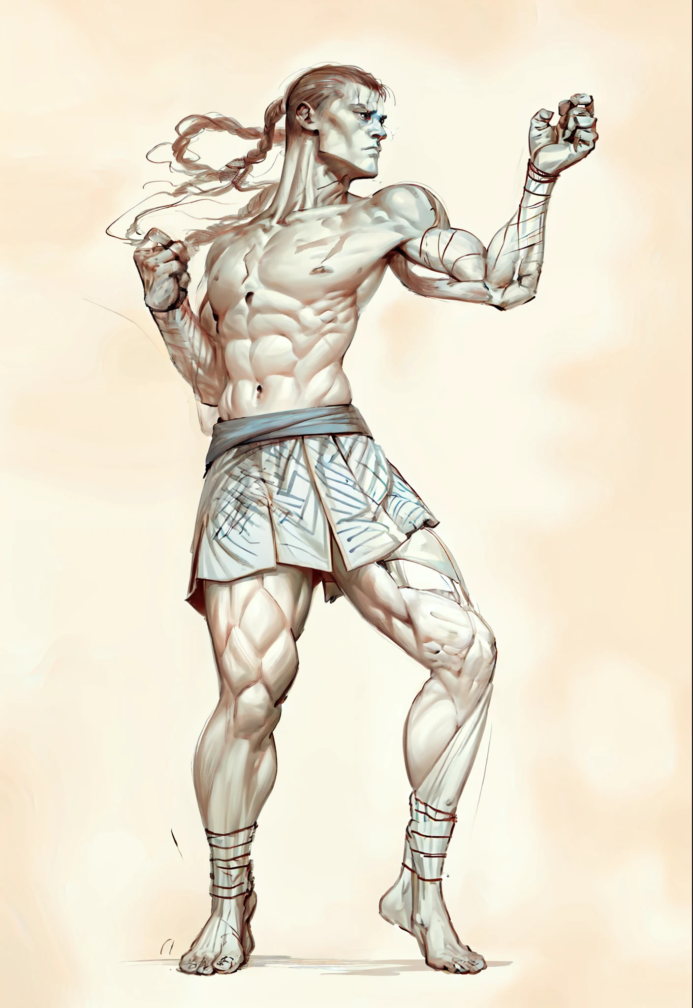 a drawing of a man with a fist in his hand, posing for an intricate fight, inspired by Heinrich Kley, muscular character, muay thai heroic posture pose, in fight pose, in a fighting stance, mortal kombat, kickboxer fighter, fighting stance, MMA south paw stance, fight pose, art by hirohiko araki,  muscular characters, fighting pose