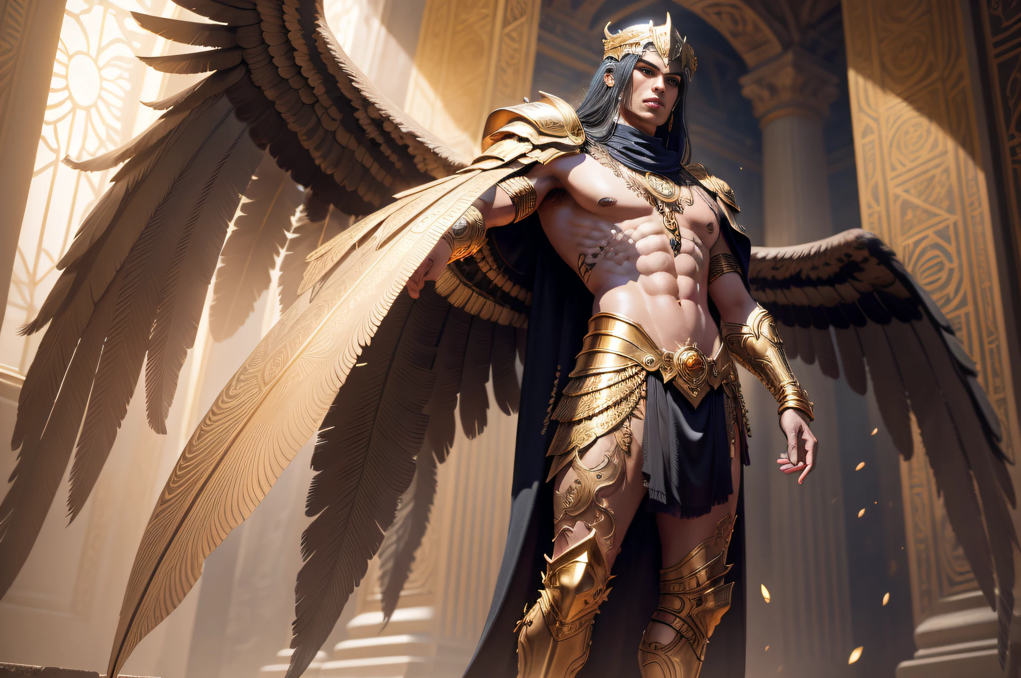 full body Portrait painting of the agyptic God Horus, a Falcon with ancient gold armor, male, ultra realistic, concept art, intricate details, eerie, highly detailed, photorealistic, octane render, 8 k, art by artgerm and boris vallejo and alphonse mucha