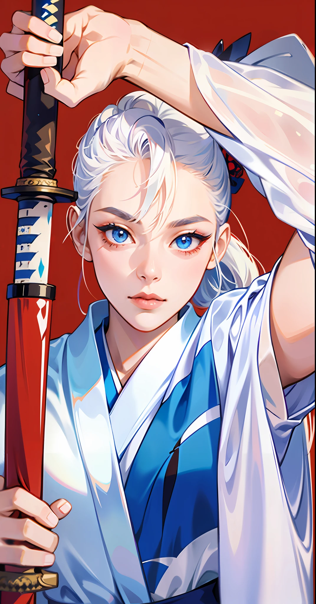 masterpiece, well detailed, Arafed woman holding the handle a katana in her right hand and with her left hand holding the sheath of a katana, looking at the viewer, red background, white hair and collected, blue eyes, in a blue and white kimono