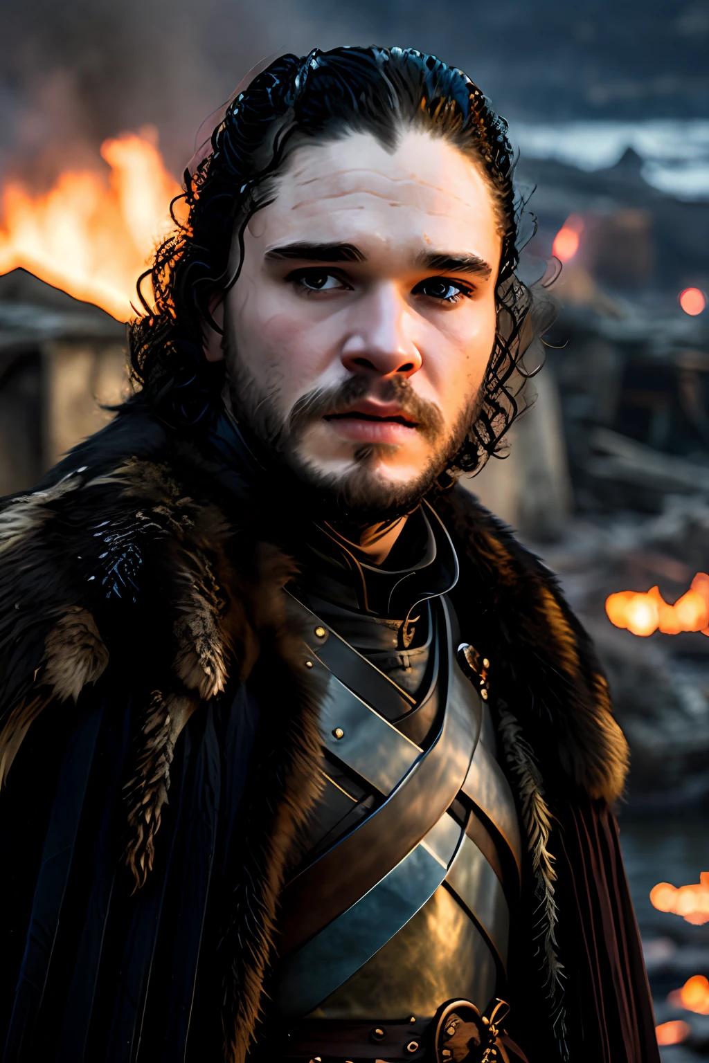 Game of Thrones, Jon Snow, A close-up of, illuminated by the light of a fire, with a backdrop of a dirty river and a shanty town.