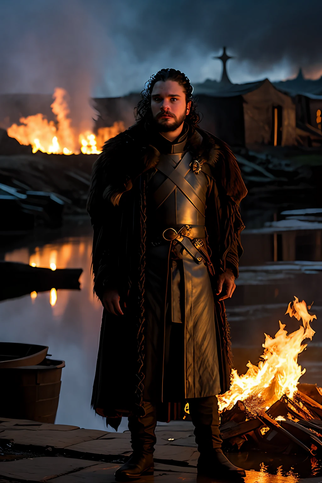 Game of Thrones, Jon Snow, A close-up of, illuminated by the light of a fire, with a backdrop of a dirty river and a shanty town.