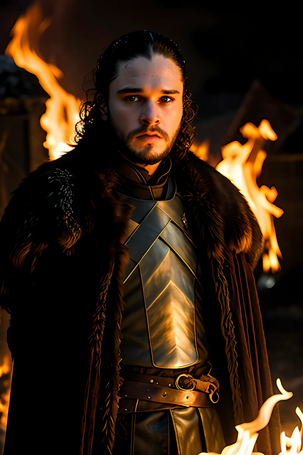 Game of Thrones, Jon Snow, A close-up of, illuminated by the light of a fire, with a backdrop of a dirty river and a shanty town.