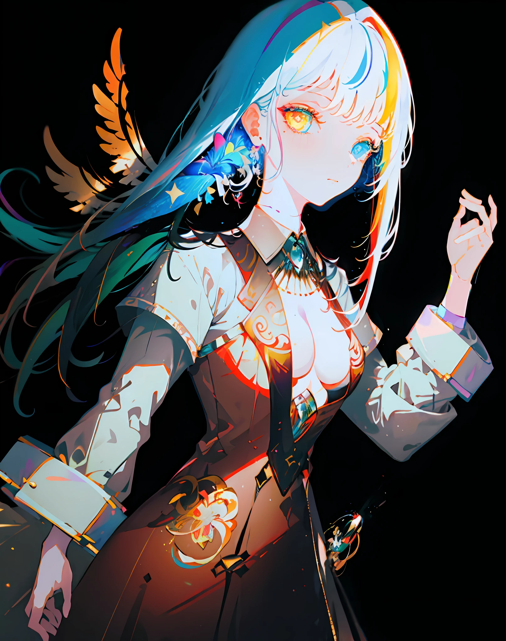 {{masterpiece}}, best quality, cinematic lighting, lens flare, medium breasts, beautiful detail eyes,  multicolor hair, colorful light particles, heterochromia, (colorful:1.5), (colorful hair:1.5),