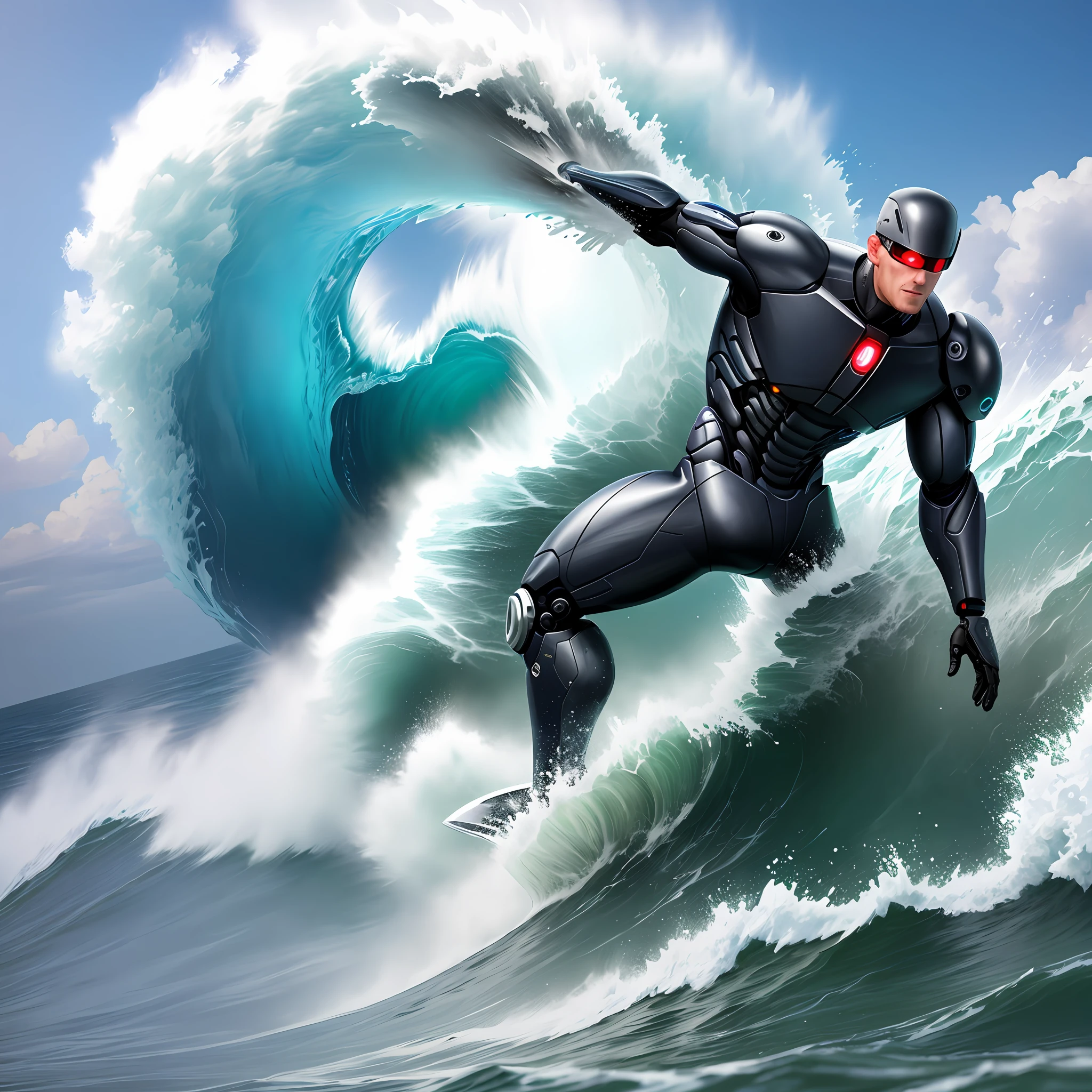 big wave with a cyborg catching the ensima wave from a board