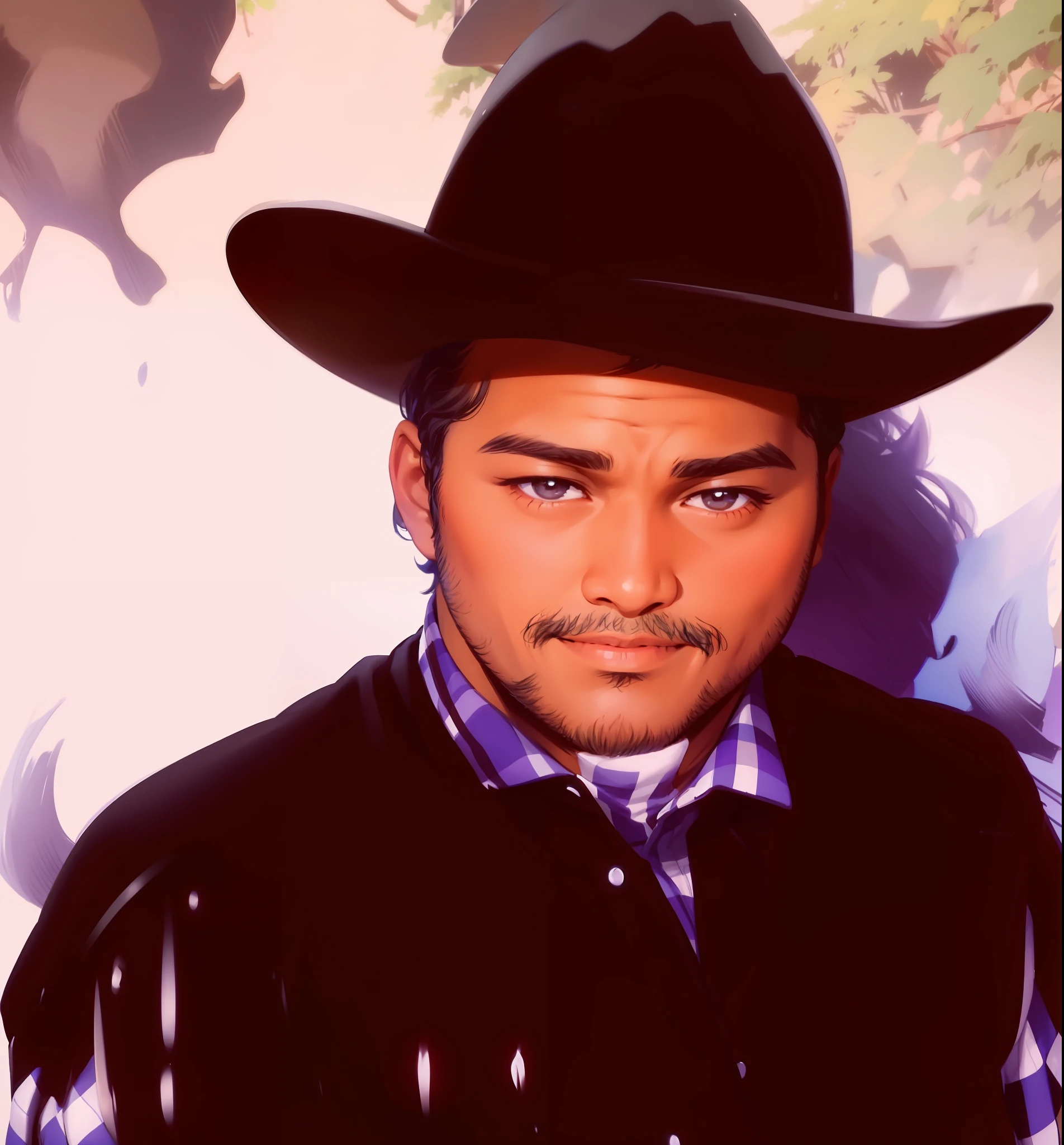 There's a fat, dark-skinned young man wearing a cowboy hat and a plaid shirt, wearing a, wearing a cowboy hat, [Greg Rutkowski], cowboy portrait, Mexican cowboy, wearing cowboy hat, cowboy, grainy photo, portrait of a 🖥 cowboy, profile picture, anime art style illustration high quality