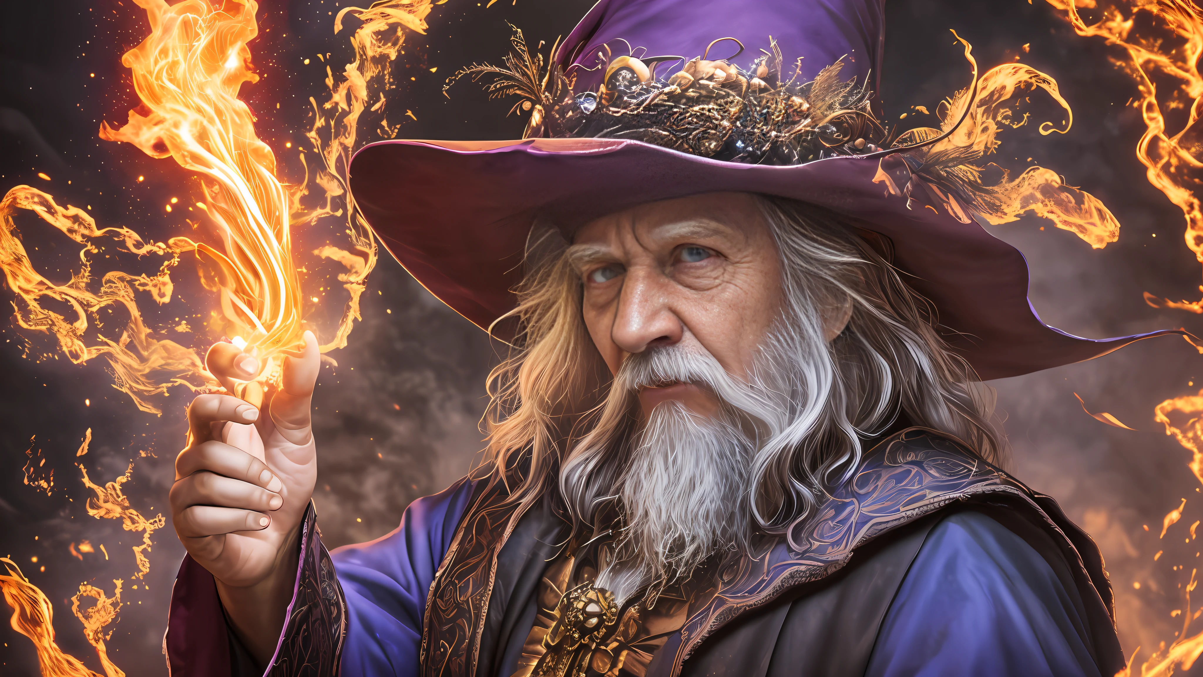 a fantasy wizard throwing a fireball spell, very detailed, shot on a Nikon Z7 II and Nikon NIKKOR Z 105mm f/2.8 VR S, chiaroscuro, hyperrealism, luminism, hd, 4k, 8k, best quality, UHD, masterpiece, super detail, best quality --auto --s2