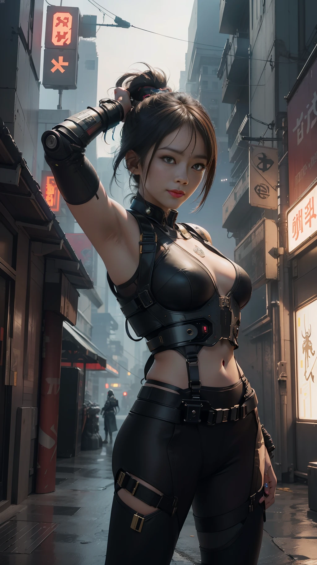 Beautiful hyperrealistic photograph of cute smiling asian cyberpunk female, (((wearing cyber-armor, combat harness))) shapeless cyberpunk hairstyle, (dynamic pose), cyberpunk city street background, abstract beauty, near perfection, pure form, Golden Ratio proportions, concept art, By Brian Froud and Carne Griffiths and Wadim Kashin, intricate detail, 8k post-production, High resolution, super Detail, trending on ArtStation, sharp focus, studio photos, intricate detail, Very detailed, By Greg Rutkowski