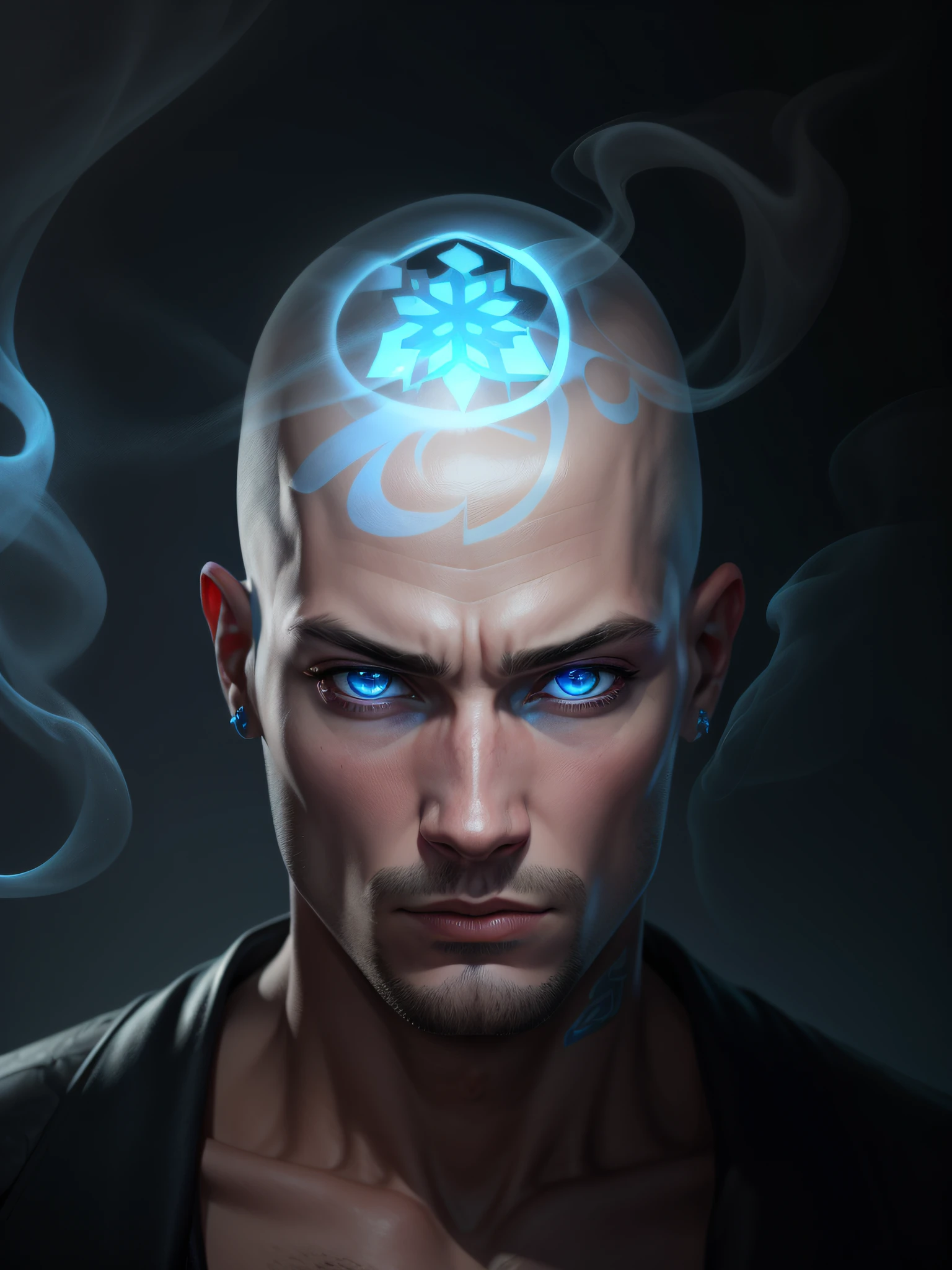 A man, hiperrealistic, 8k, 20 years old, with a skinhead, without hair, with Ice texture. Soft iced blue smoke from his vibrant blue eyes. blue and white rune tattoos. --auto --s2