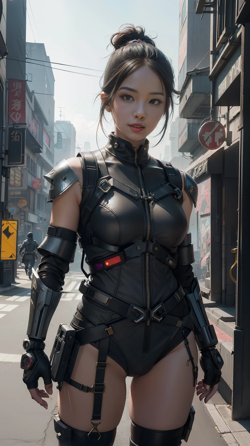 Beautiful hyperrealistic photograph of cute smiling asian cyberpunk female, (((wearing cyber-armor, combat harness))) shapeless cyberpunk hairstyle, (dynamic pose), cyberpunk city street background, abstract beauty, near perfection, pure form, Golden Ratio proportions, concept art, By Brian Froud and Carne Griffiths and Wadim Kashin, intricate detail, 8k post-production, High resolution, super Detail, trending on ArtStation, sharp focus, studio photos, intricate detail, Very detailed, By Greg Rutkowski