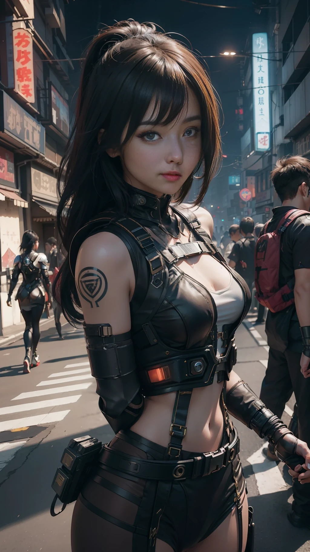 Beautiful hyperrealistic photograph of cute smiling asian cyberpunk female, (((wearing cyber-armor, combat harness))) shapeless cyberpunk hairstyle, (dynamic pose), cyberpunk city street background, abstract beauty, near perfection, pure form, Golden Ratio proportions, concept art, By Brian Froud and Carne Griffiths and Wadim Kashin, intricate detail, 8k post-production, High resolution, super Detail, trending on ArtStation, sharp focus, studio photos, intricate detail, Very detailed, By Greg Rutkowski