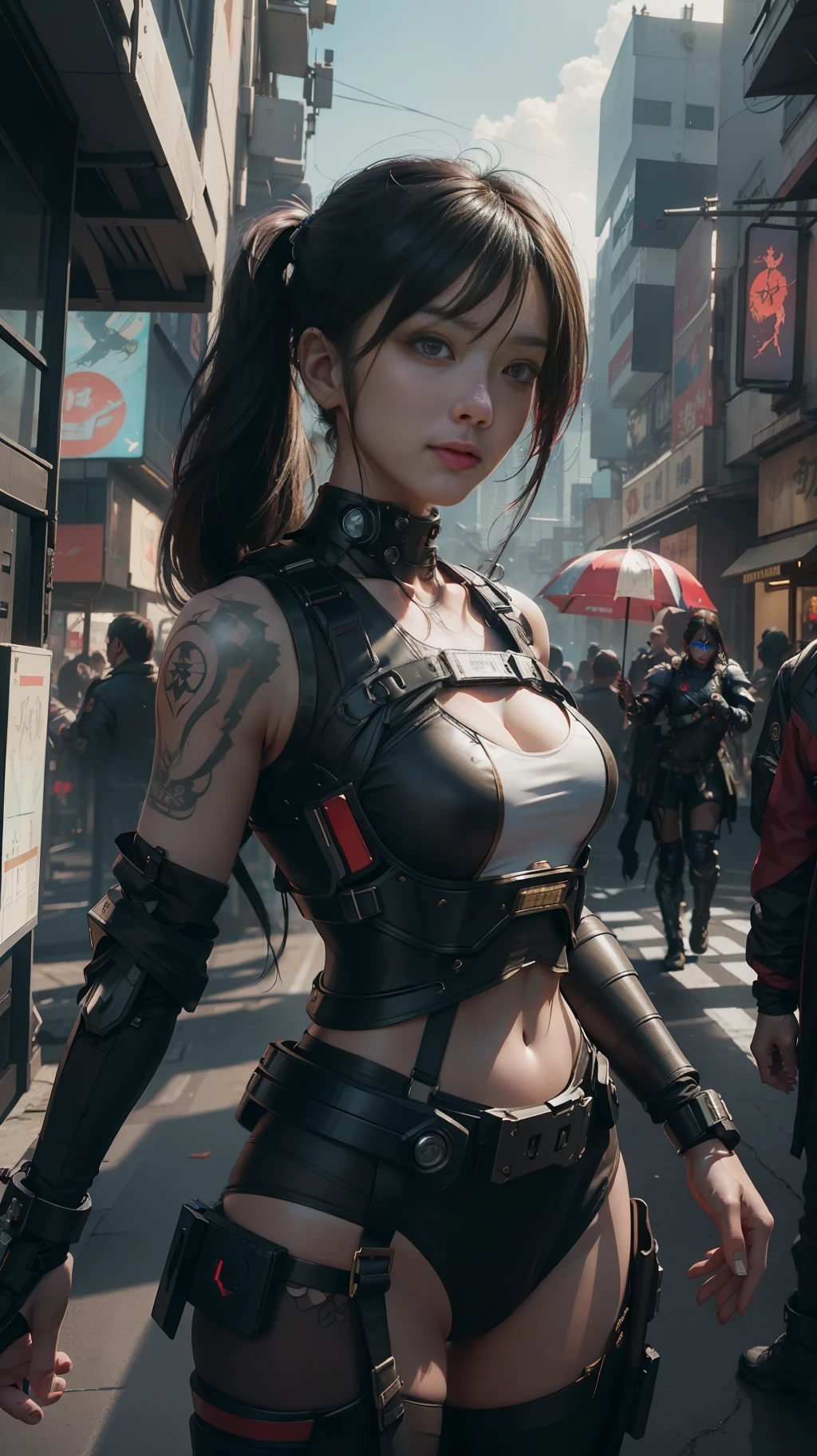 Beautiful hyperrealistic photograph of cute smiling asian cyberpunk female, (((wearing cyber-armor, combat harness))) shapeless cyberpunk hairstyle, (dynamic pose), cyberpunk city street background, abstract beauty, near perfection, pure form, Golden Ratio proportions, concept art, By Brian Froud and Carne Griffiths and Wadim Kashin, intricate detail, 8k post-production, High resolution, super Detail, trending on ArtStation, sharp focus, studio photos, intricate detail, Very detailed, By Greg Rutkowski