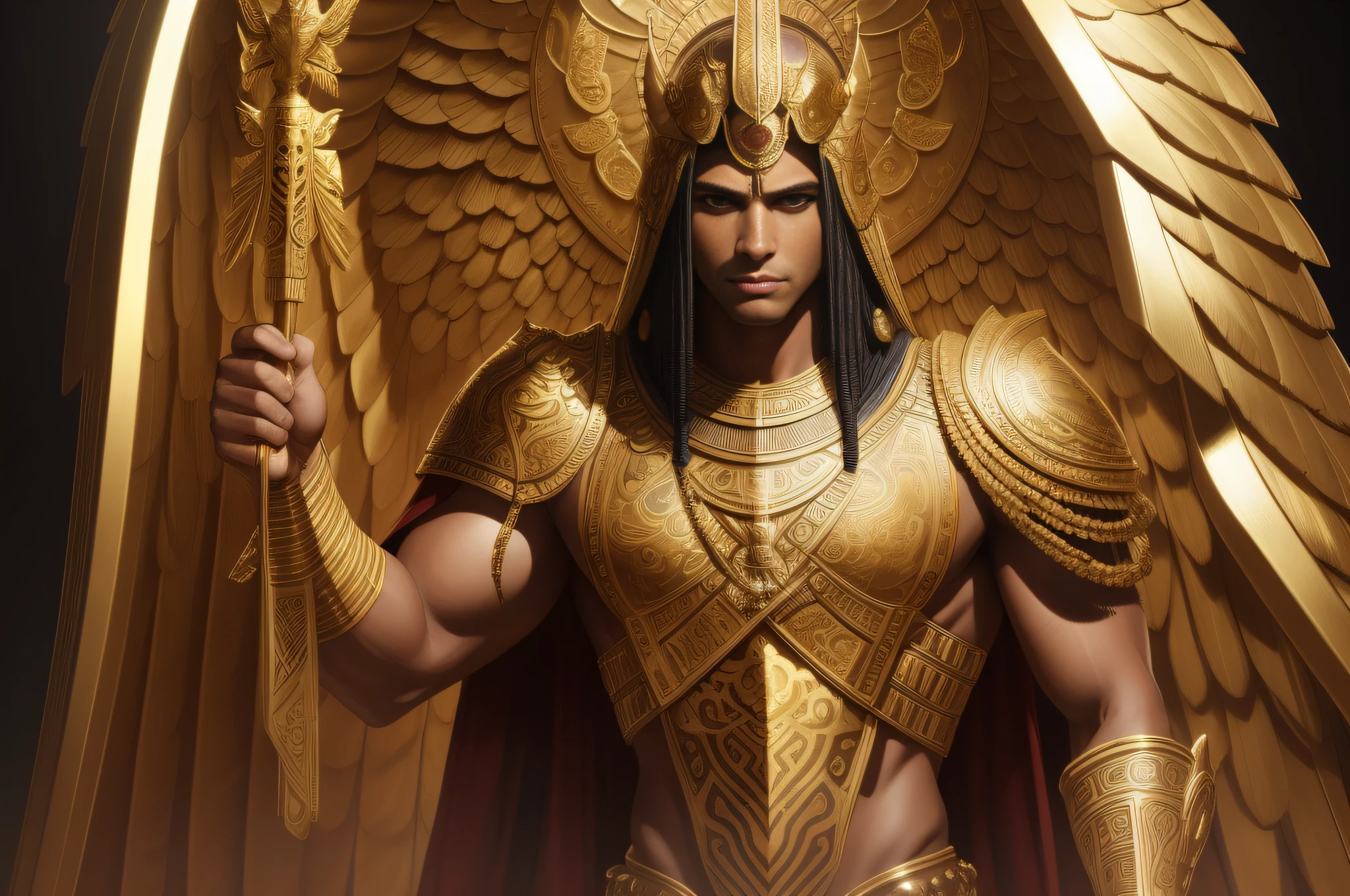 full body Portrait painting of the agyptic God Horus, a Falcon with ancient gold armor, male, ultra realistic, concept art, intricate details, eerie, highly detailed, photorealistic, octane render, 8 k, art by artgerm and boris vallejo and alphonse mucha